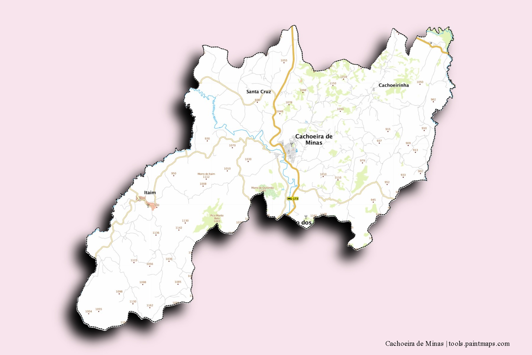 Cachoeira de Minas neighborhoods and villages map with 3D shadow effect