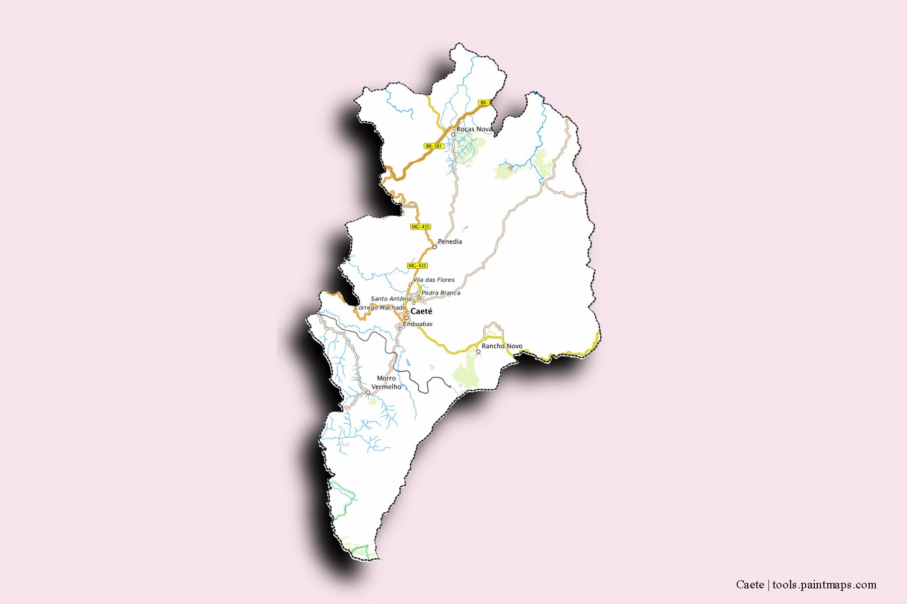 Mapa de barrios y pueblos de Caete con efecto de sombra 3D