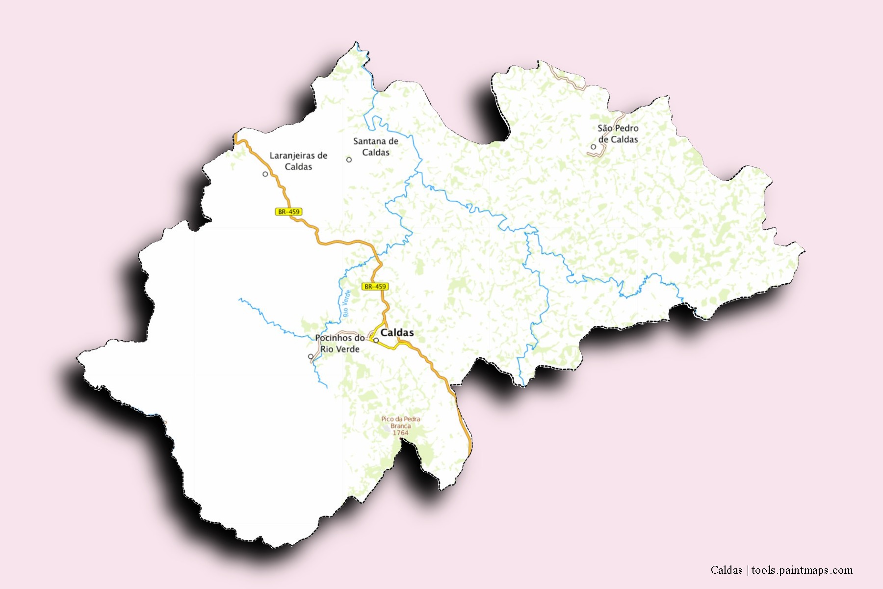 Mapa de barrios y pueblos de Caldas con efecto de sombra 3D