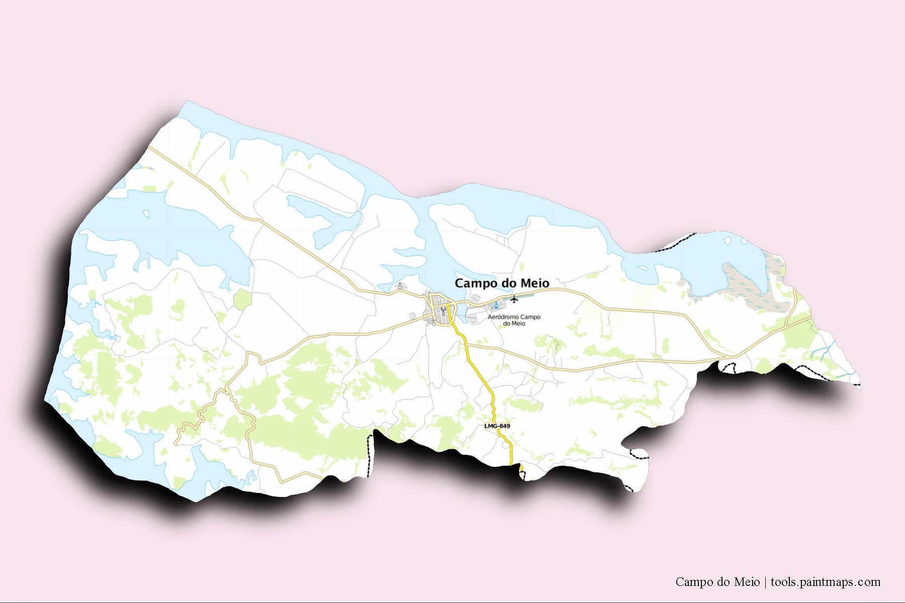 Mapa de barrios y pueblos de Campo do Meio con efecto de sombra 3D