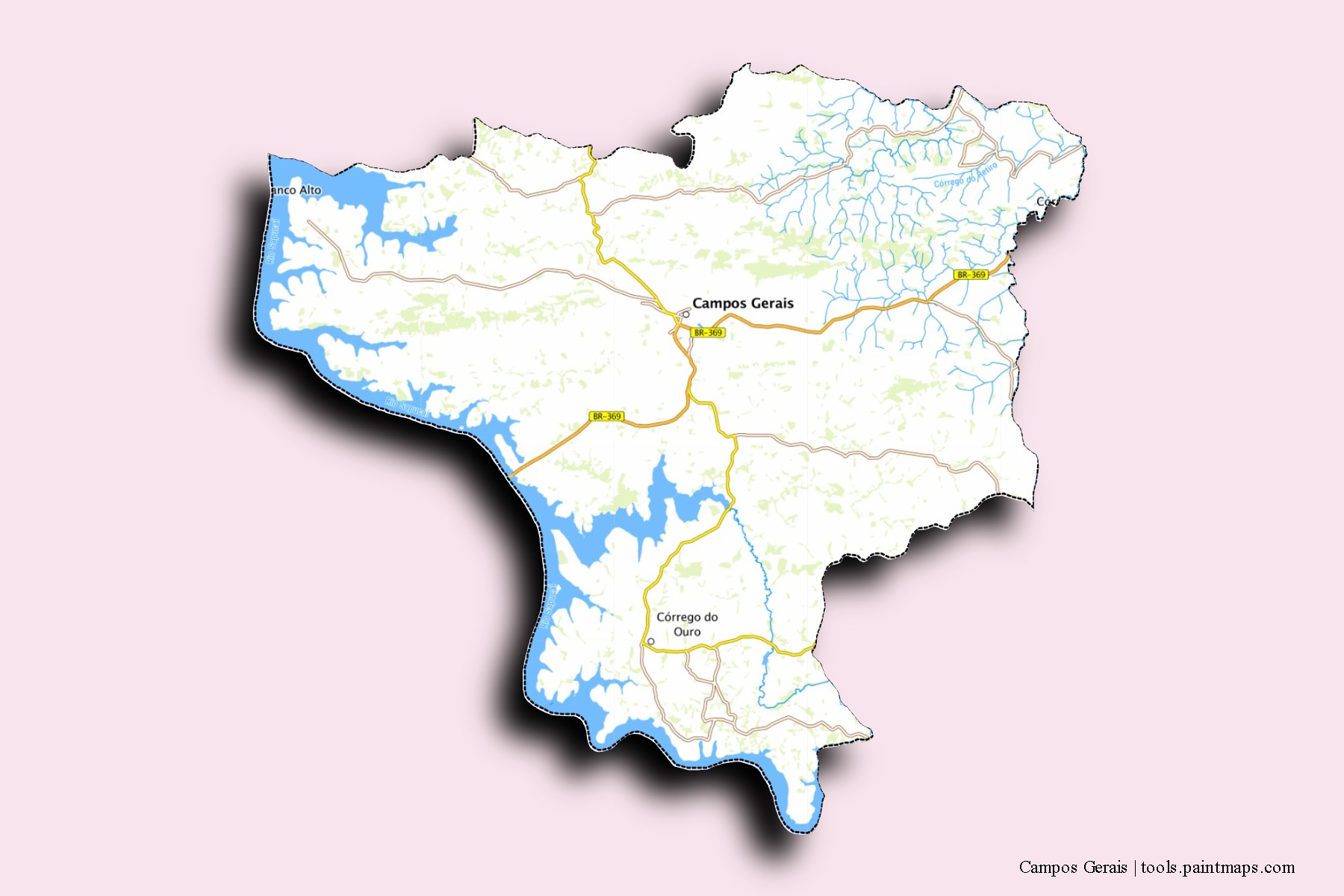 Mapa de barrios y pueblos de Campos Gerais con efecto de sombra 3D