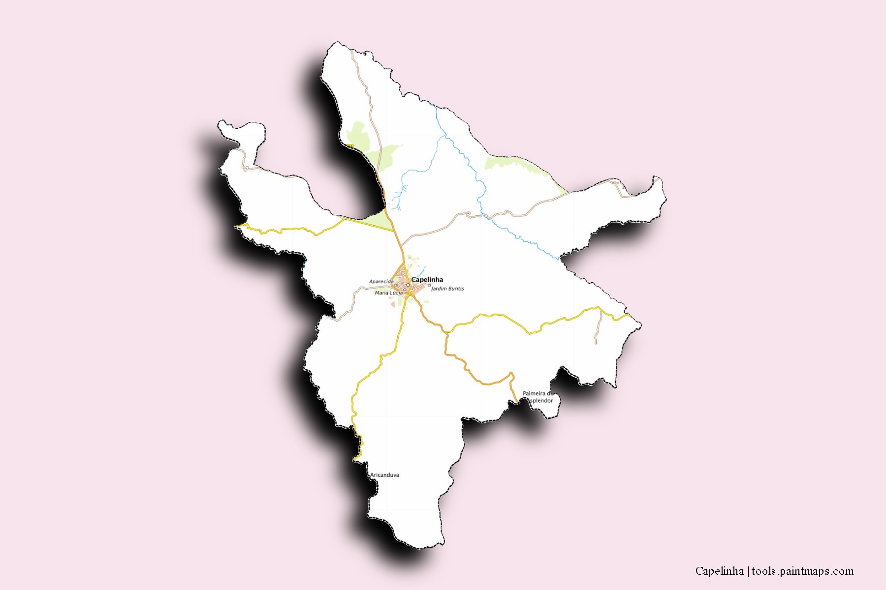 Mapa de barrios y pueblos de Capelinha con efecto de sombra 3D