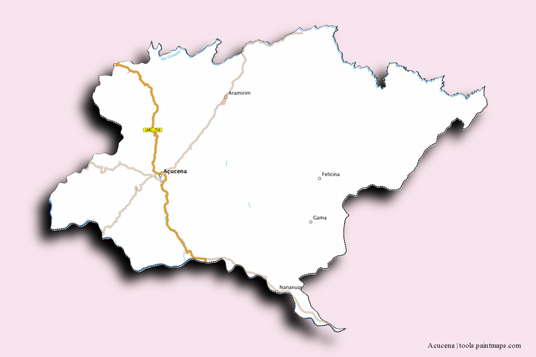 Mapa de barrios y pueblos de Acucena con efecto de sombra 3D