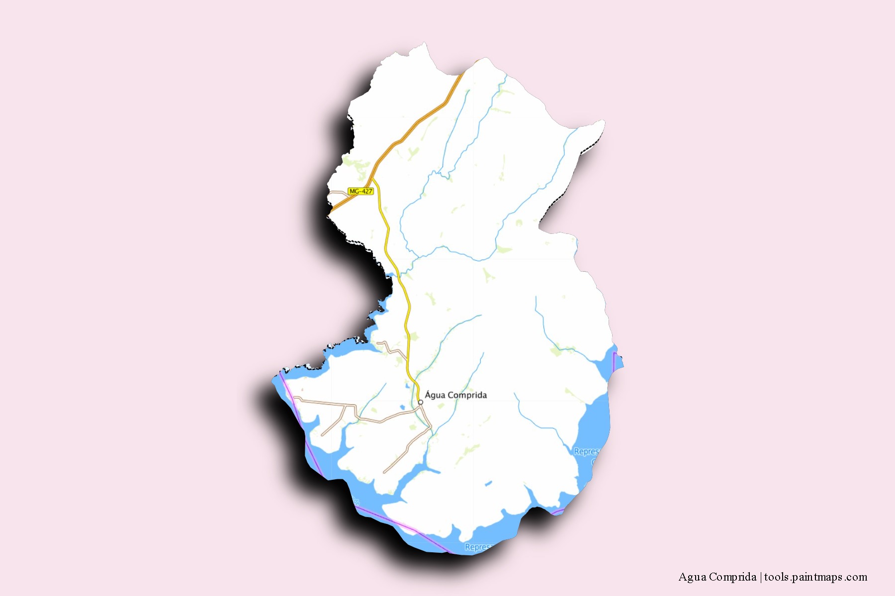 Mapa de barrios y pueblos de Agua Comprida con efecto de sombra 3D