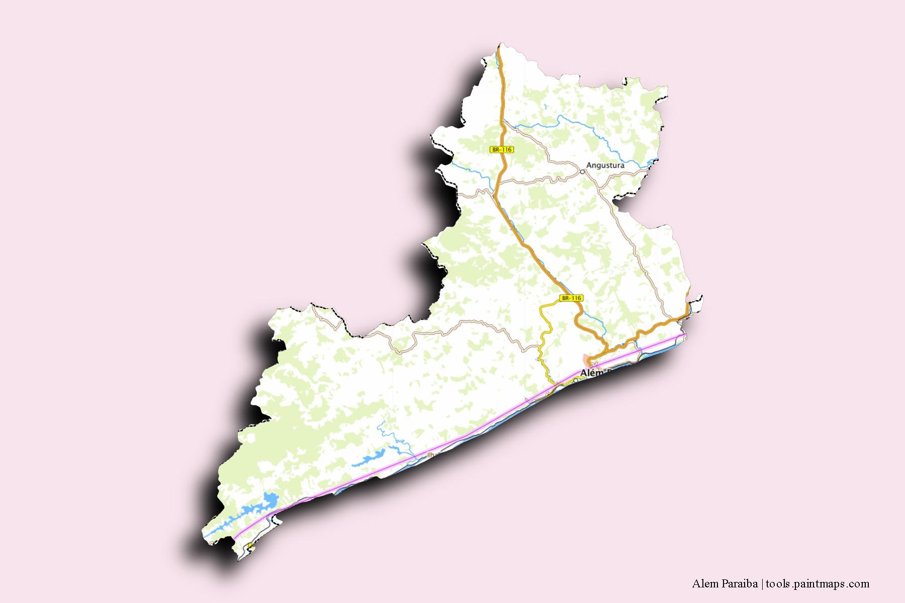 Mapa de barrios y pueblos de Alem Paraiba con efecto de sombra 3D