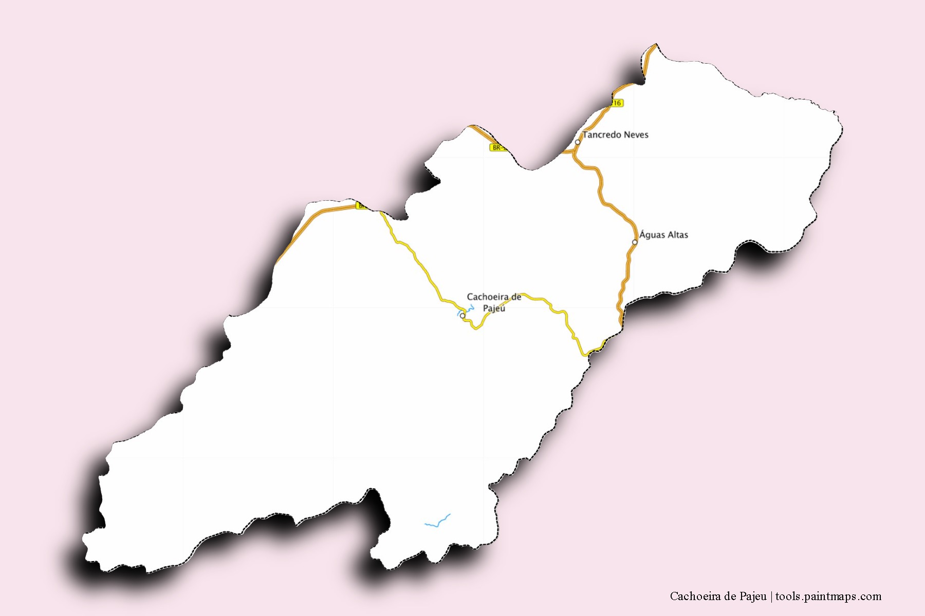 Mapa de barrios y pueblos de Cachoeira de Pajeu con efecto de sombra 3D