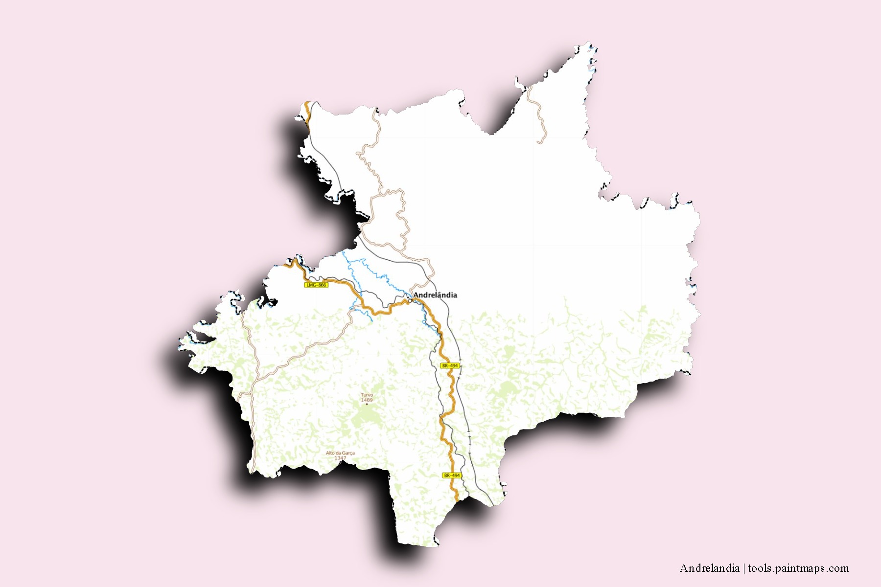 Mapa de barrios y pueblos de Andrelandia con efecto de sombra 3D