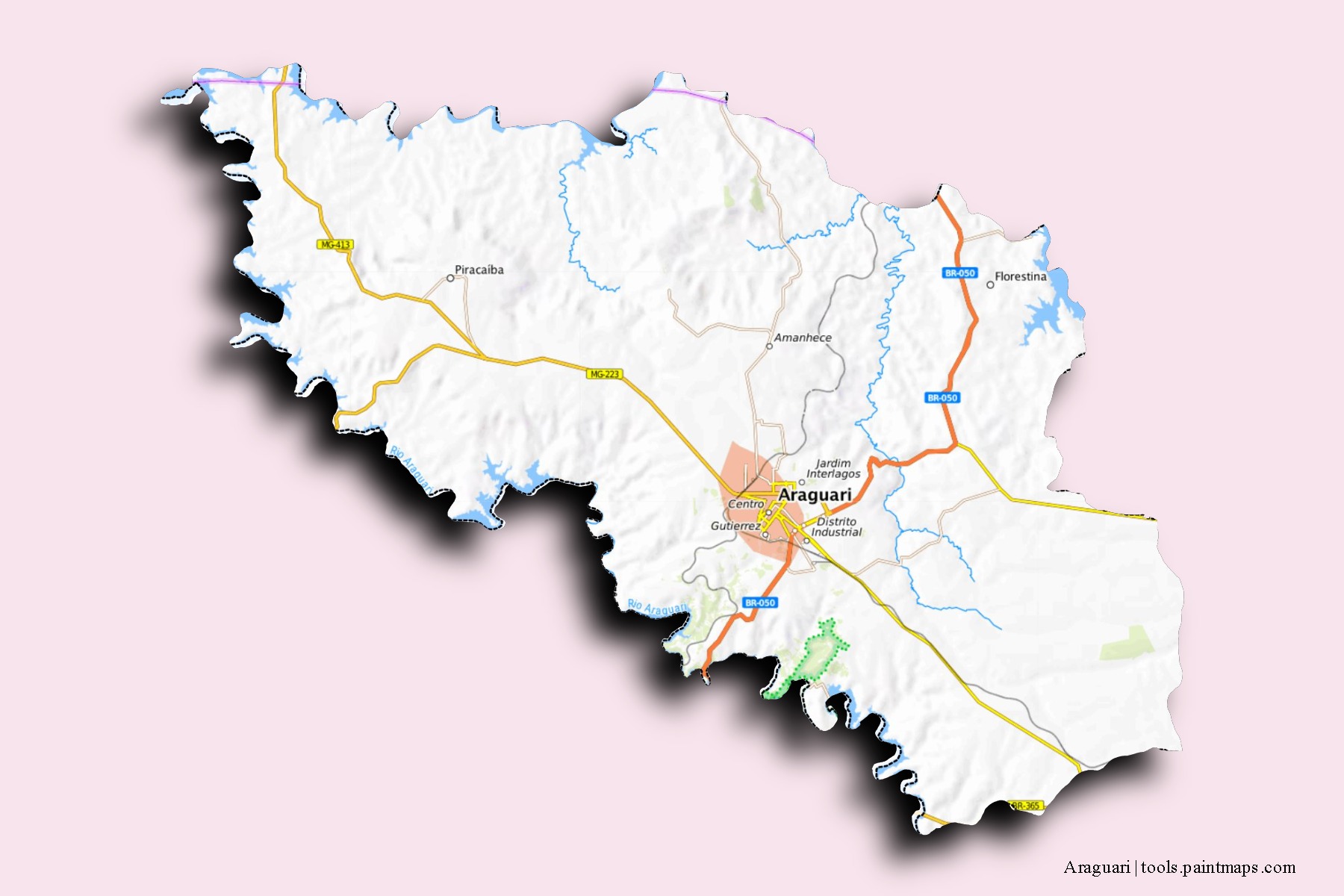 3D gölge efektli Araguari mahalleleri ve köyleri haritası