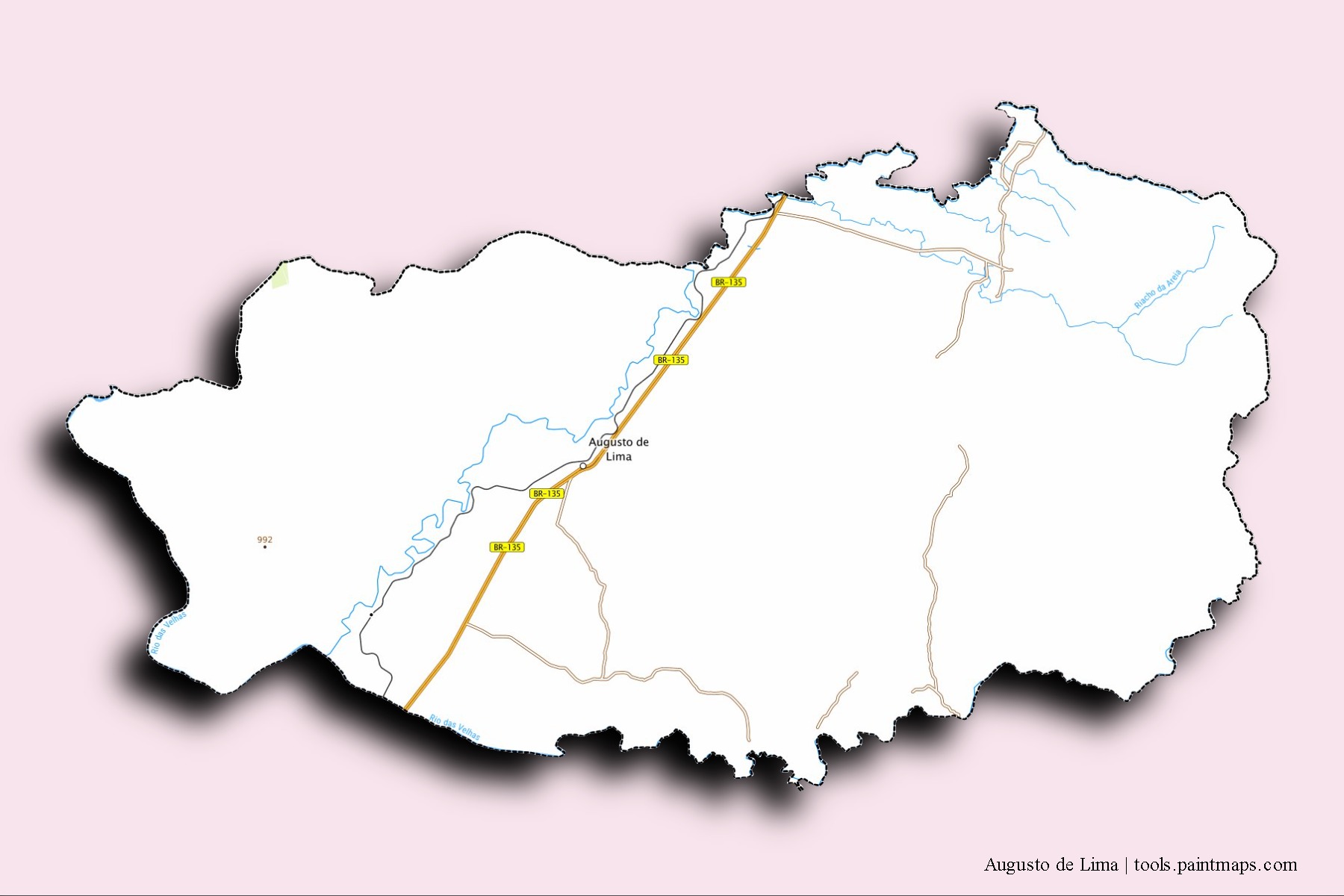 Mapa de barrios y pueblos de Augusto de Lima con efecto de sombra 3D