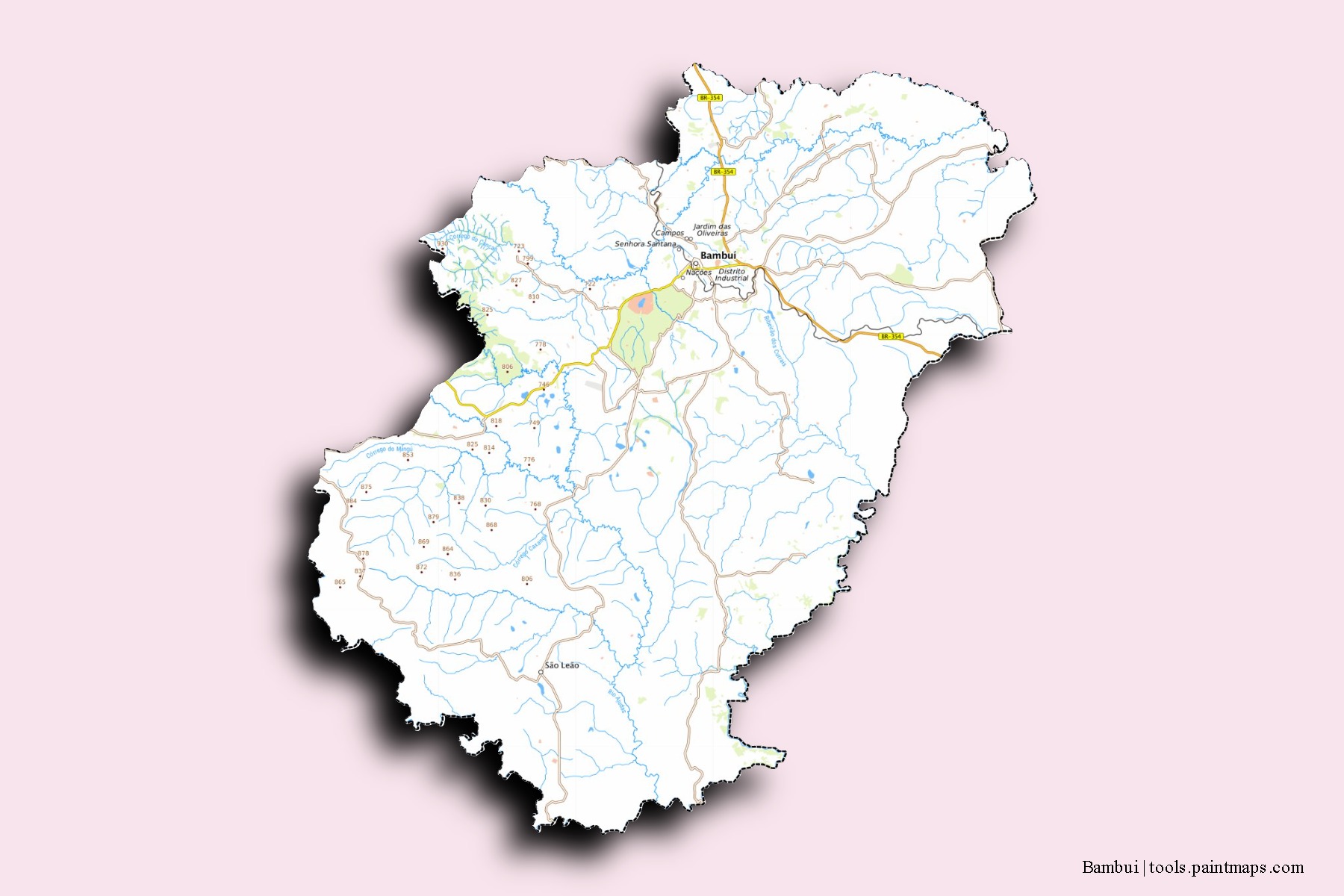 Mapa de barrios y pueblos de Bambui con efecto de sombra 3D