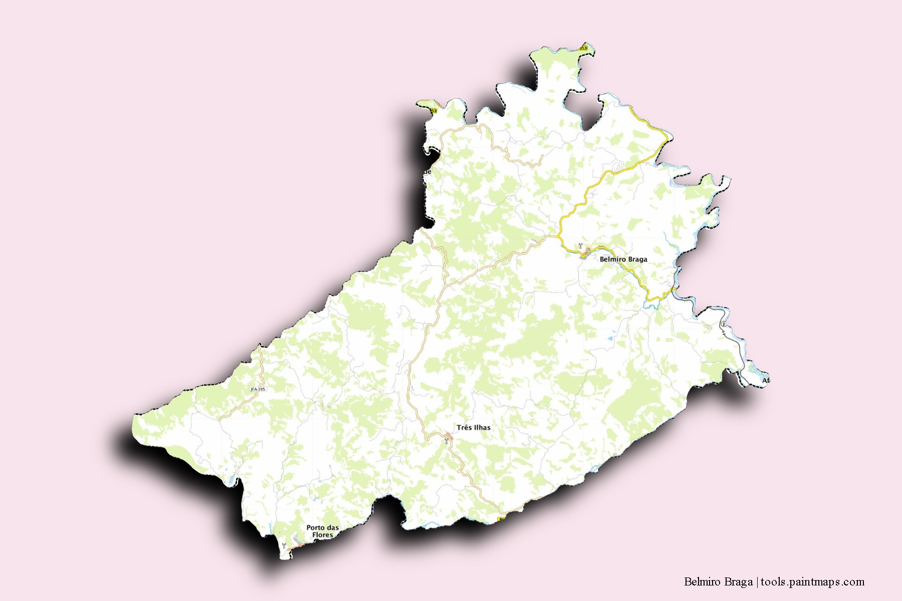 Mapa de barrios y pueblos de Belmiro Braga con efecto de sombra 3D