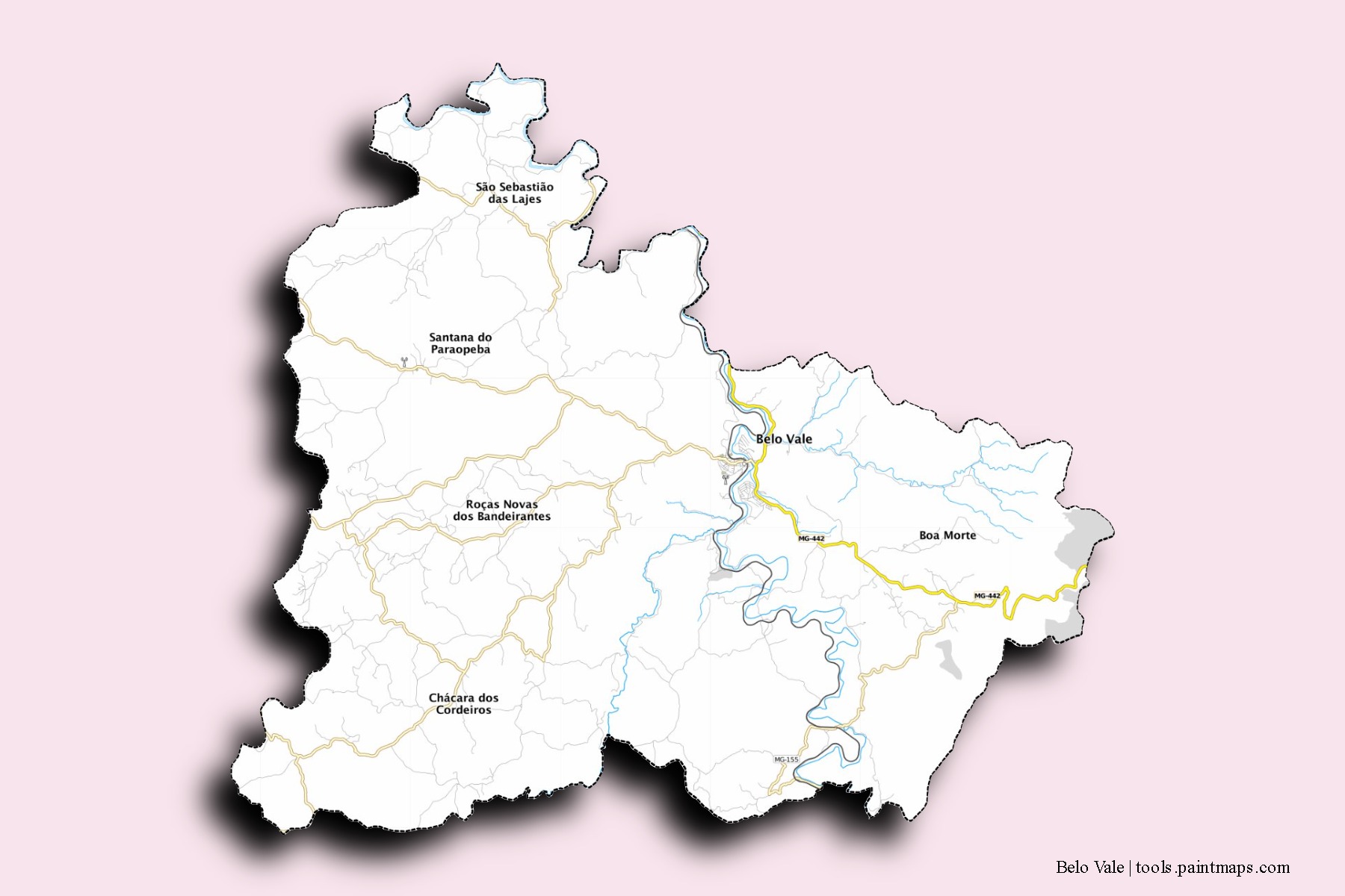 Mapa de barrios y pueblos de Belo Vale con efecto de sombra 3D