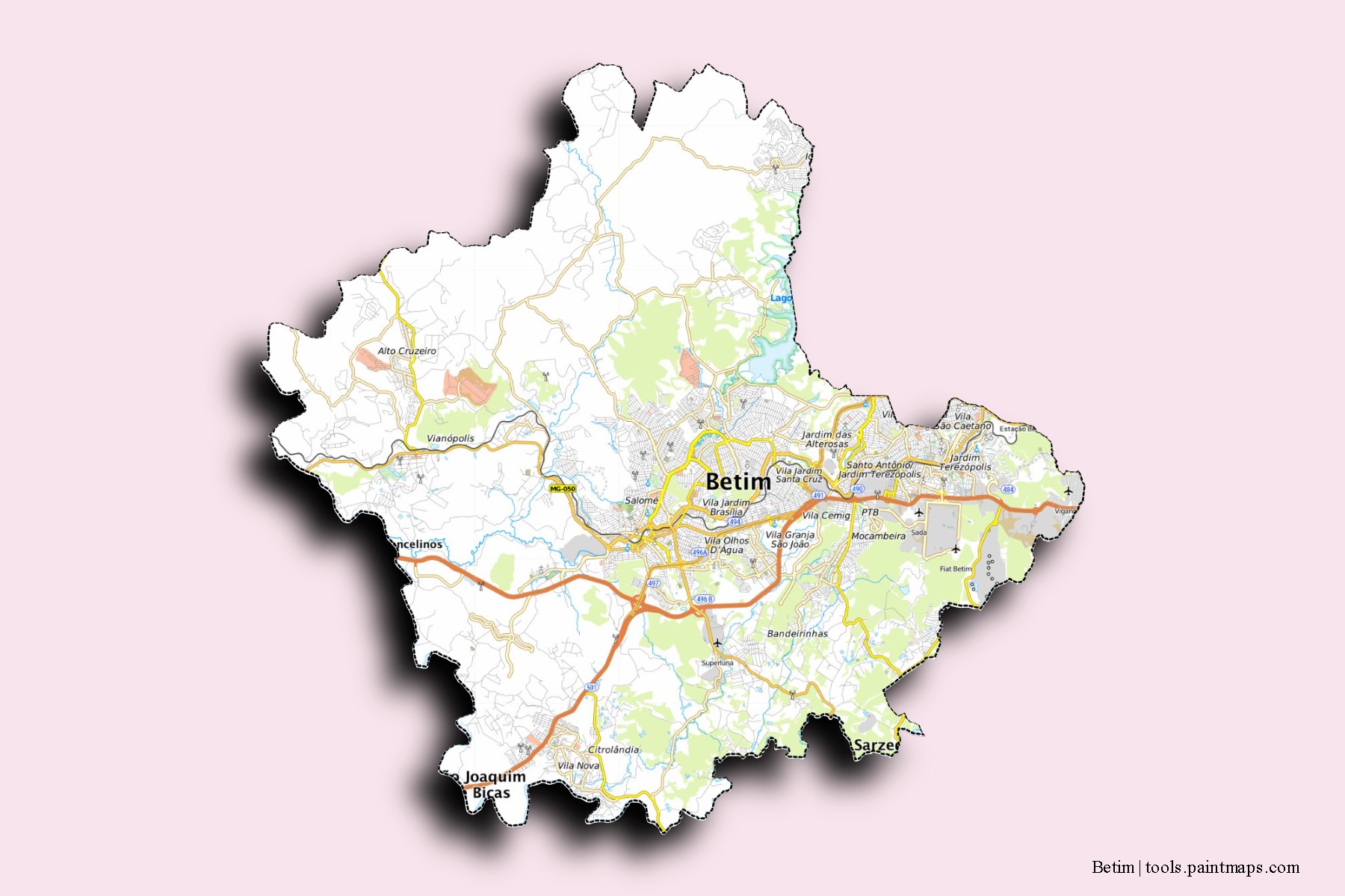 Mapa de barrios y pueblos de Betim con efecto de sombra 3D