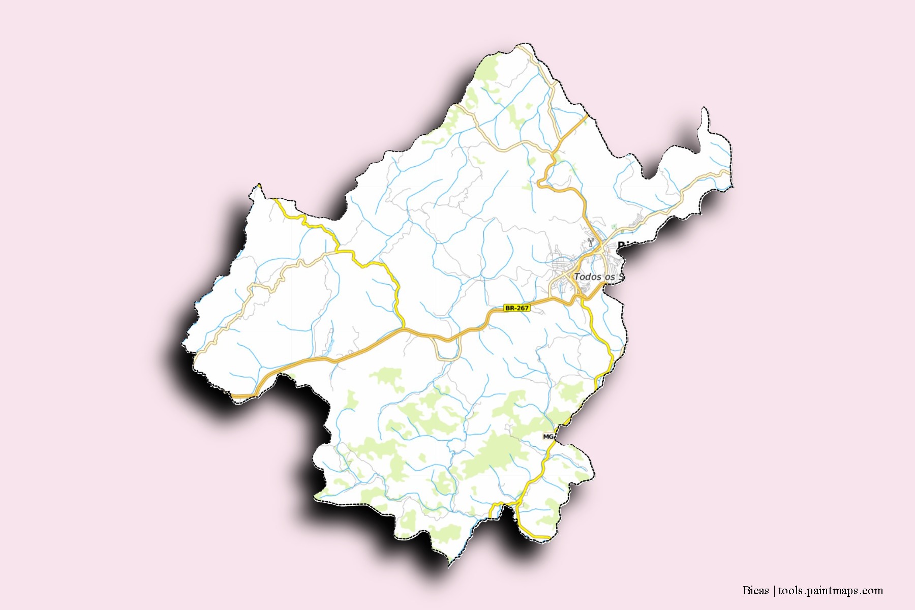 Mapa de barrios y pueblos de Bicas con efecto de sombra 3D