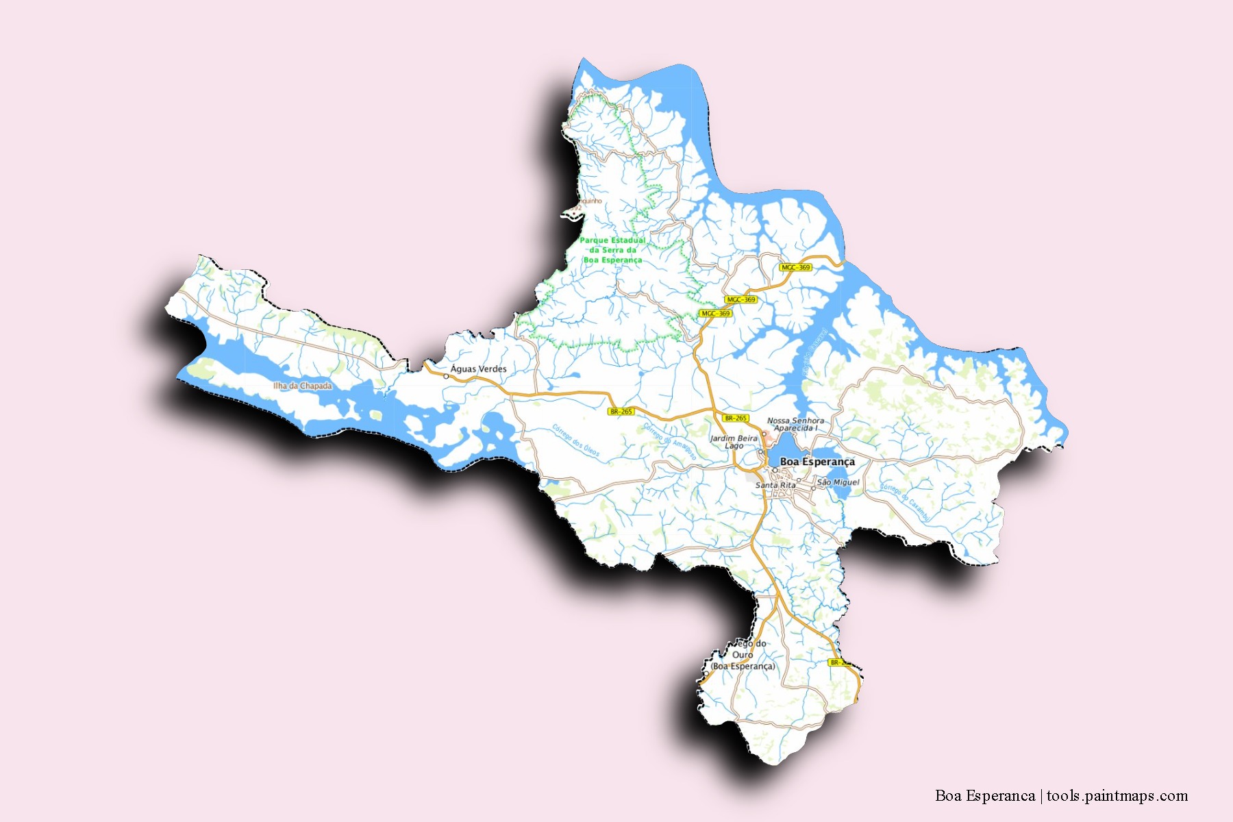 Boa Esperanca neighborhoods and villages map with 3D shadow effect