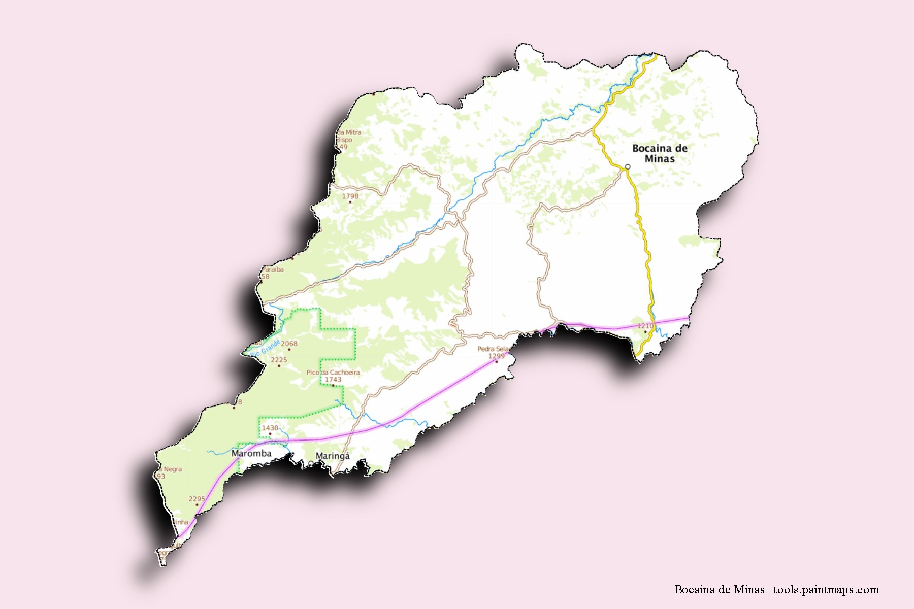 Bocaina de Minas neighborhoods and villages map with 3D shadow effect