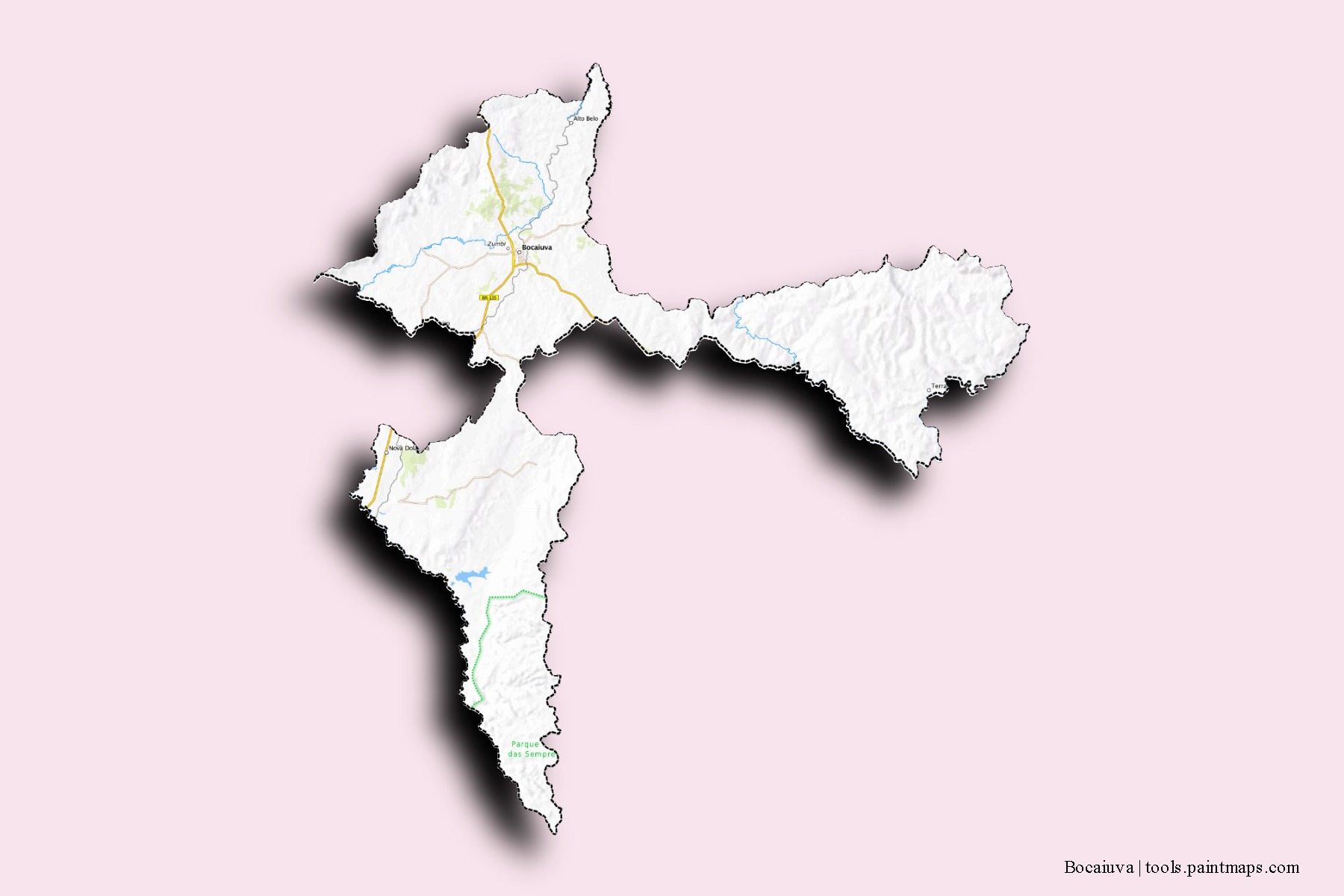 Mapa de barrios y pueblos de Bocaiuva con efecto de sombra 3D