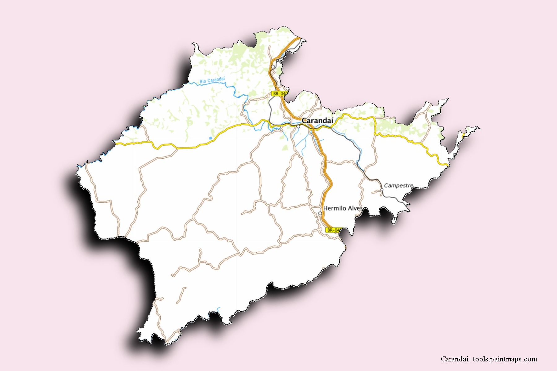 Mapa de barrios y pueblos de Carandai con efecto de sombra 3D