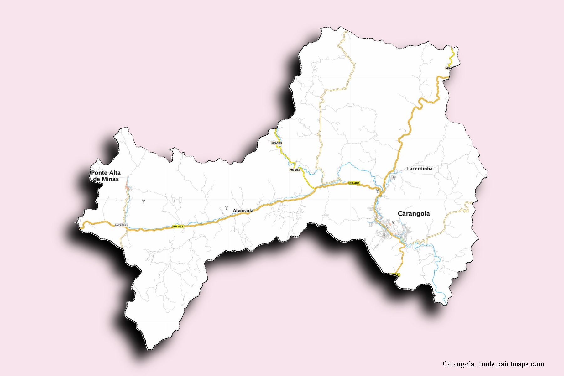 Mapa de barrios y pueblos de Carangola con efecto de sombra 3D