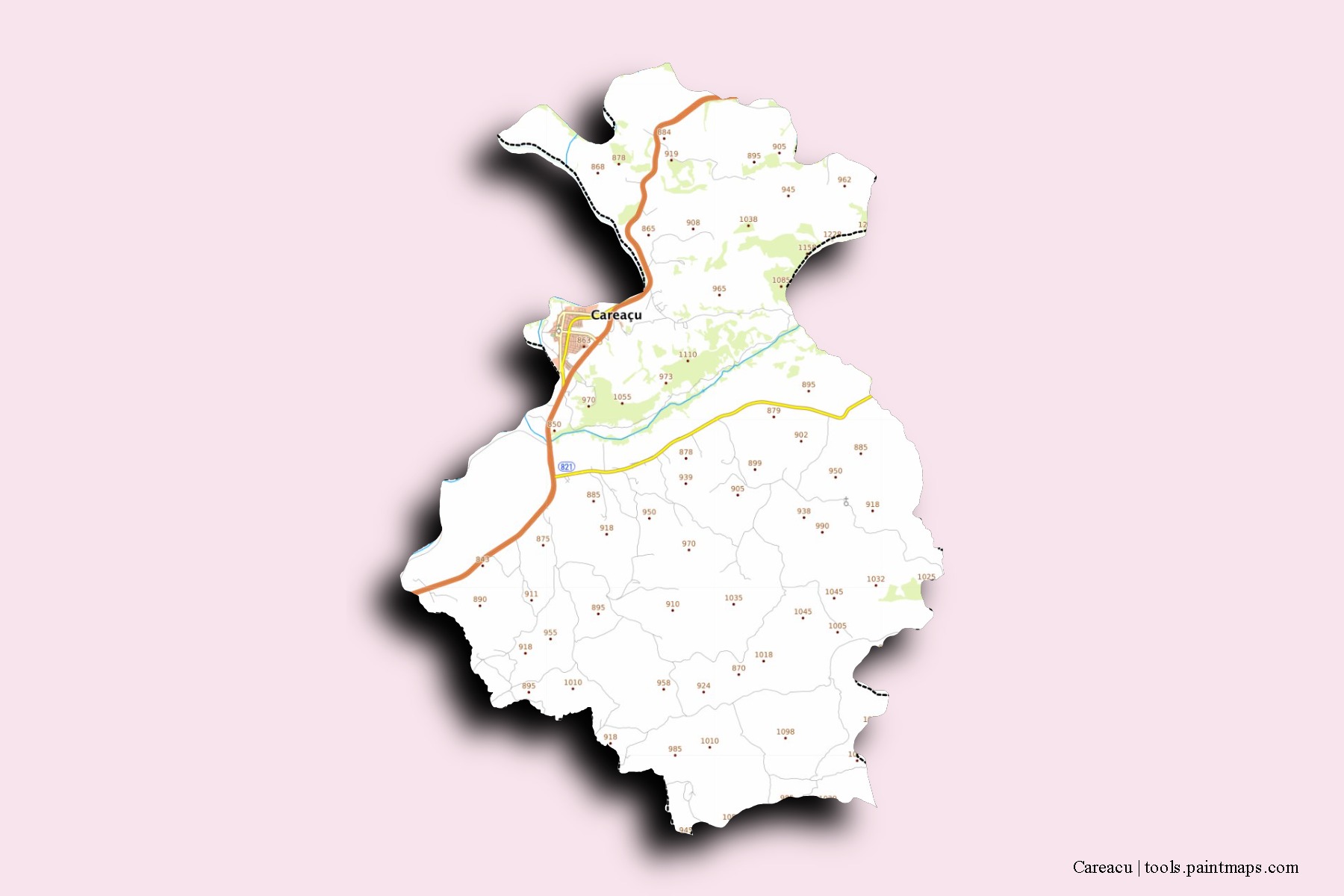 Mapa de barrios y pueblos de Careacu con efecto de sombra 3D