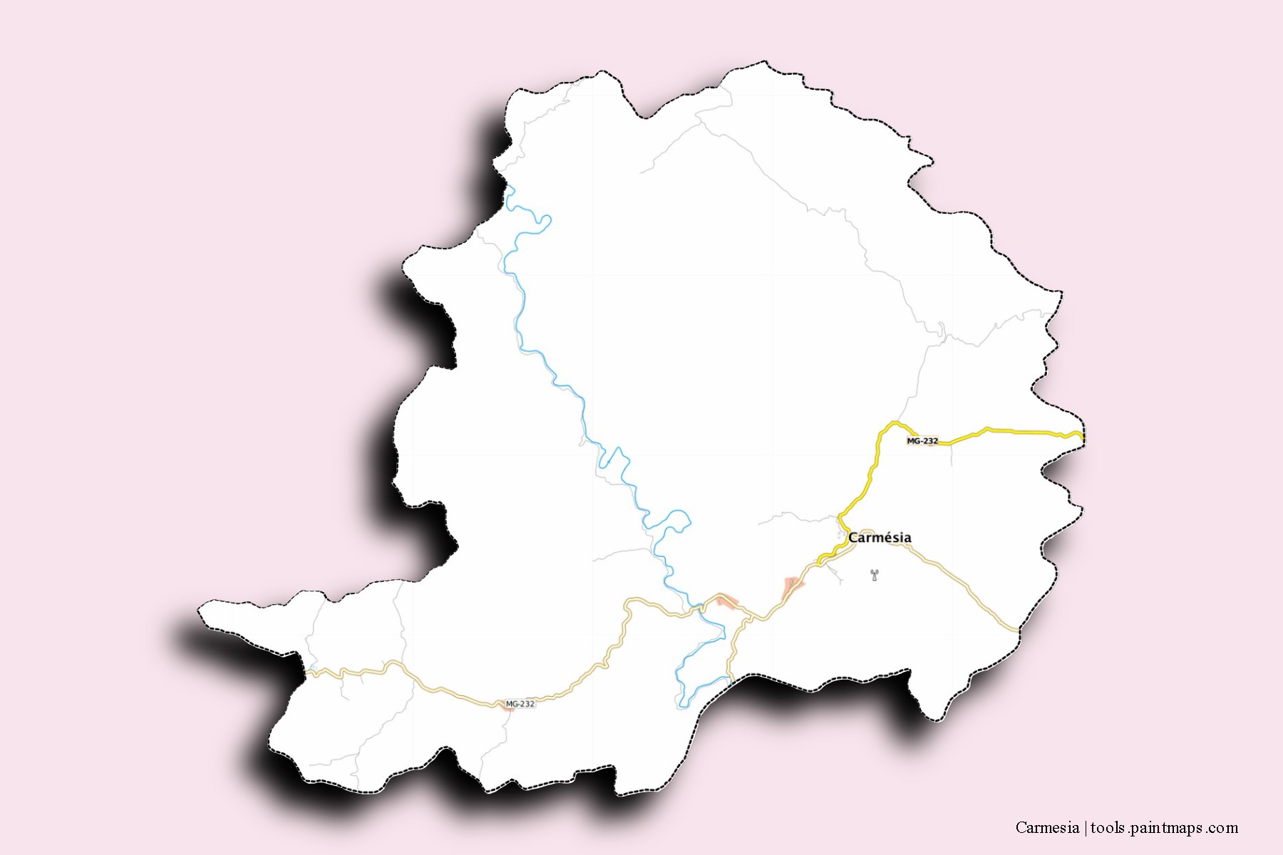 Mapa de barrios y pueblos de Carmesia con efecto de sombra 3D