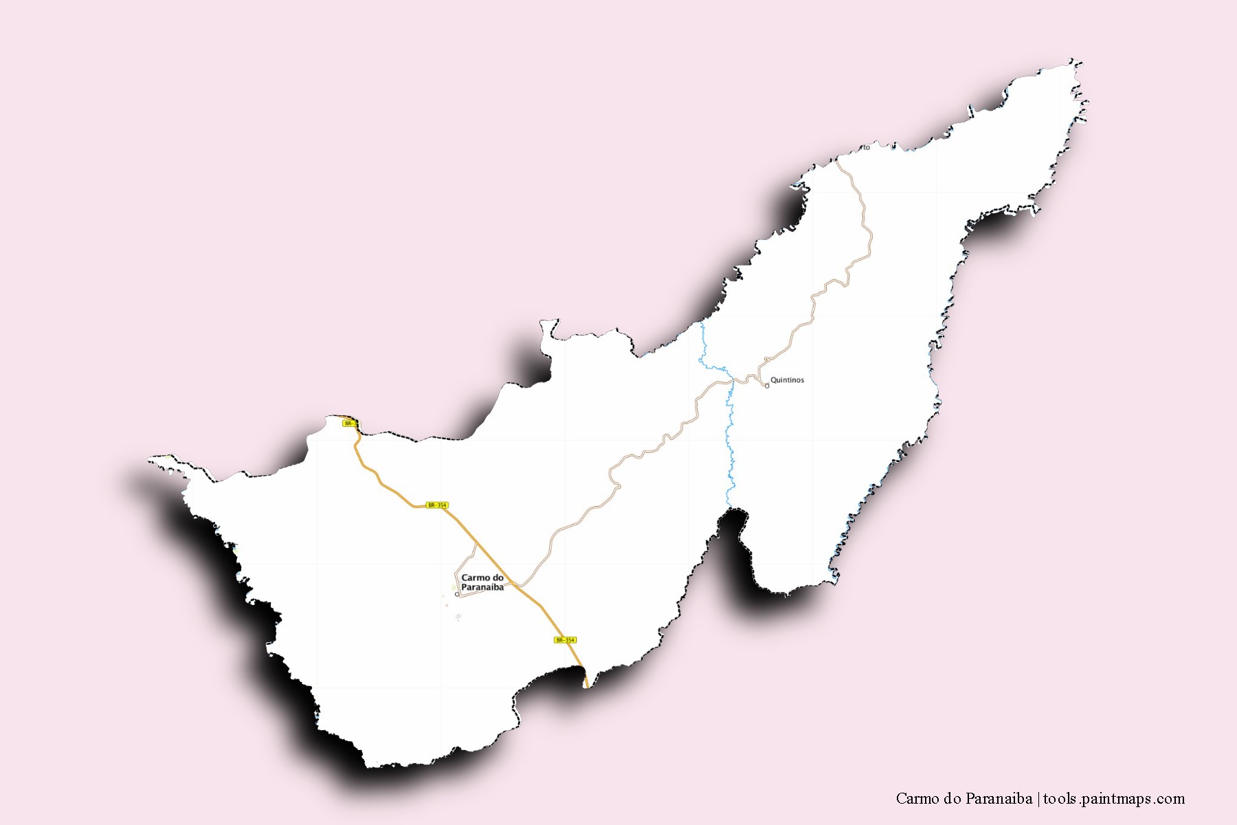 Mapa de barrios y pueblos de Carmo do Paranaiba con efecto de sombra 3D