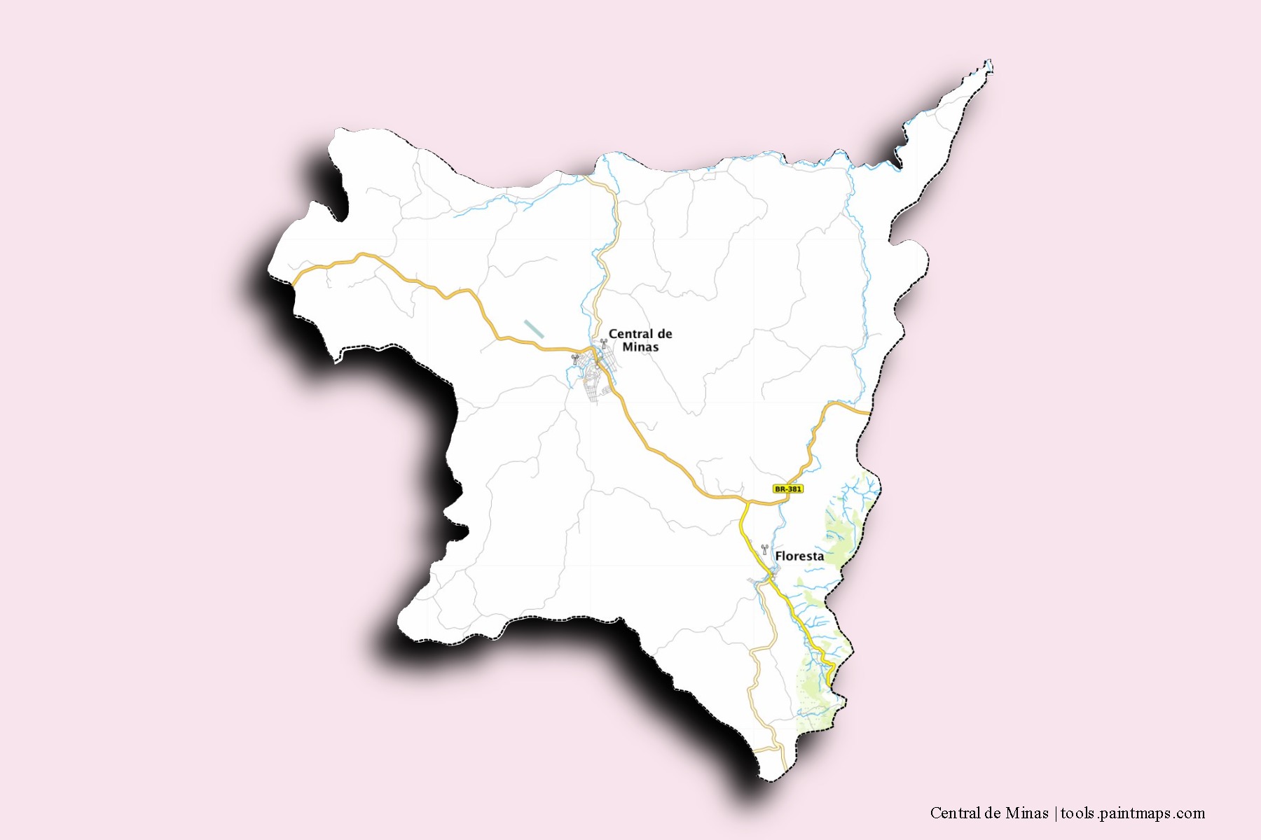 Mapa de barrios y pueblos de Central de Minas con efecto de sombra 3D