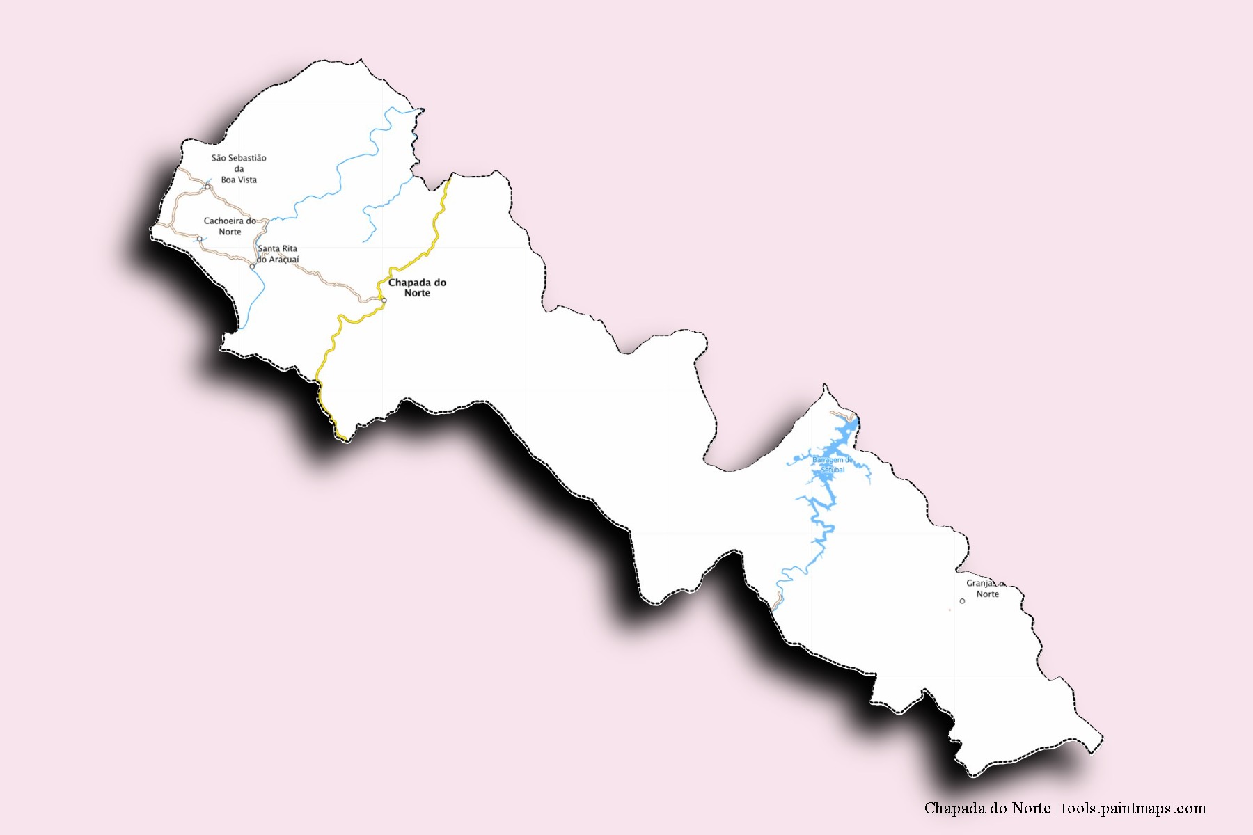 Mapa de barrios y pueblos de Chapada do Norte con efecto de sombra 3D