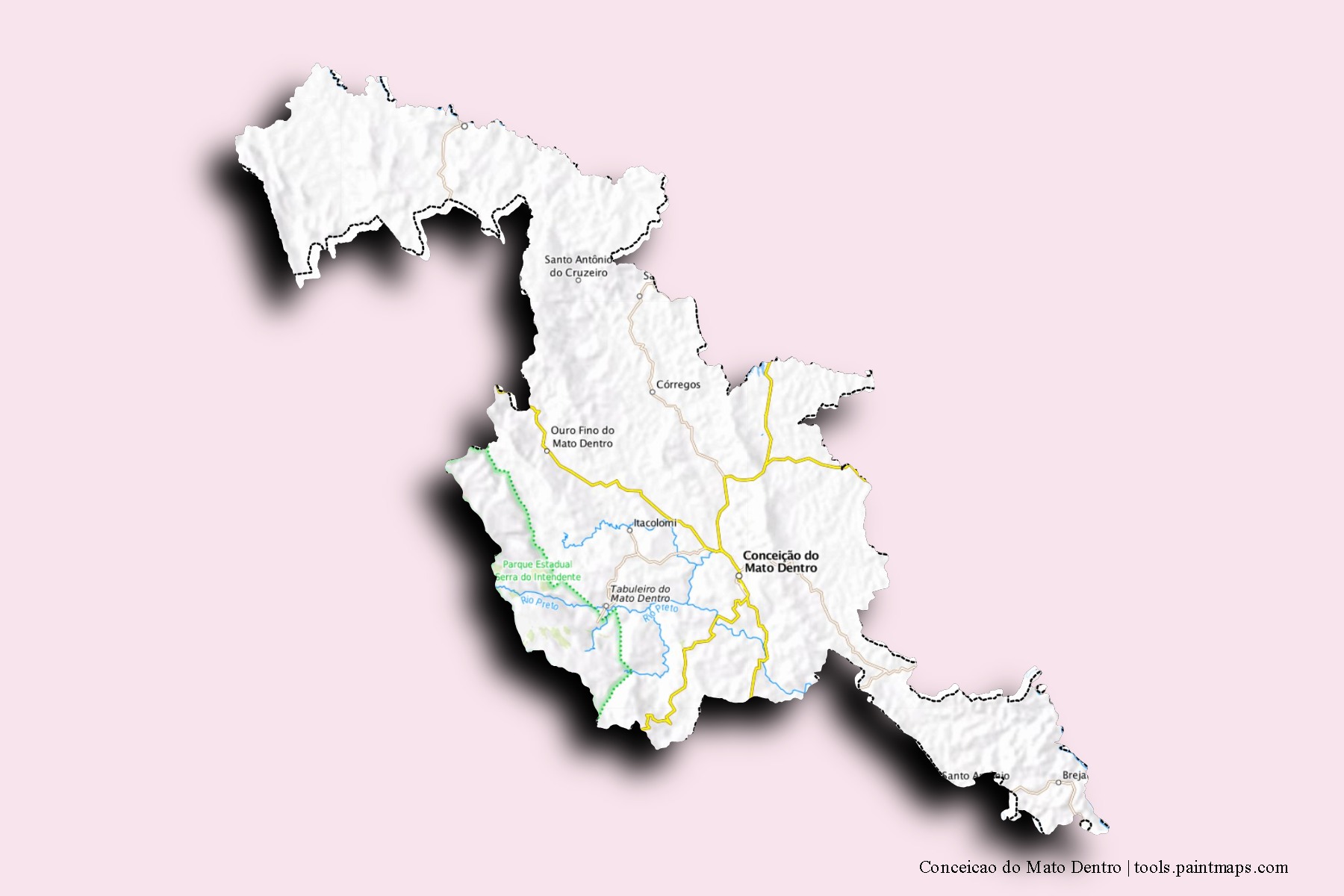 Mapa de barrios y pueblos de Conceicao do Mato Dentro con efecto de sombra 3D