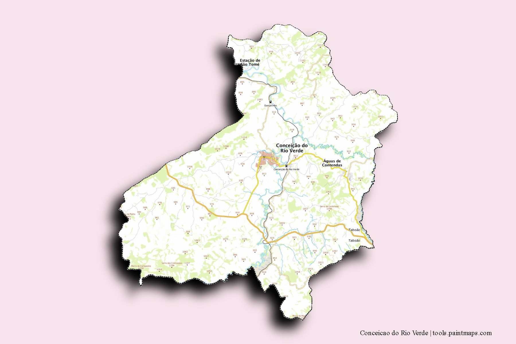 Mapa de barrios y pueblos de Conceicao do Rio Verde con efecto de sombra 3D