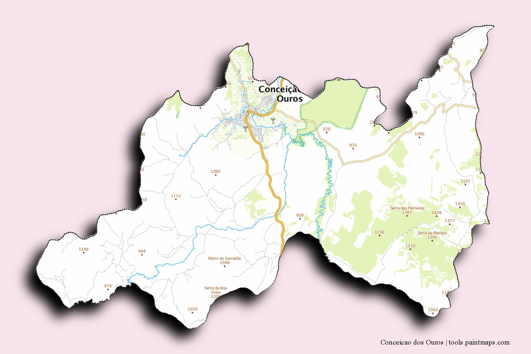 Conceicao dos Ouros neighborhoods and villages map with 3D shadow effect