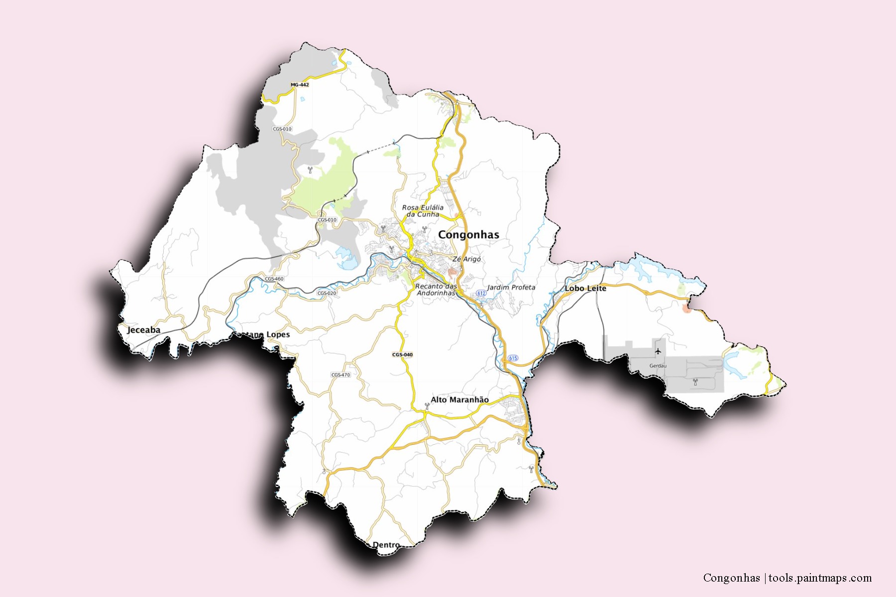 Mapa de barrios y pueblos de Congonhas con efecto de sombra 3D