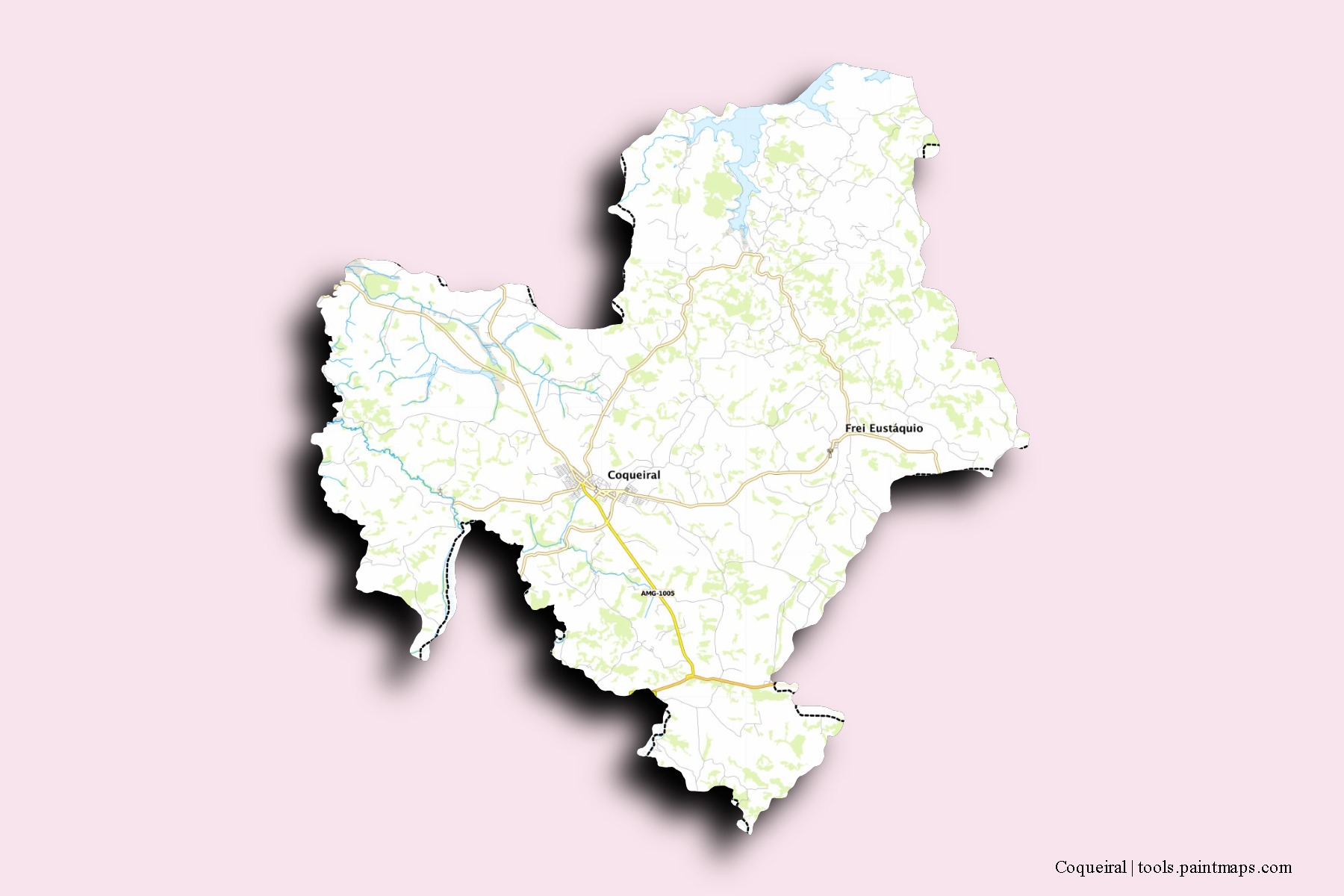 Mapa de barrios y pueblos de Coqueiral con efecto de sombra 3D