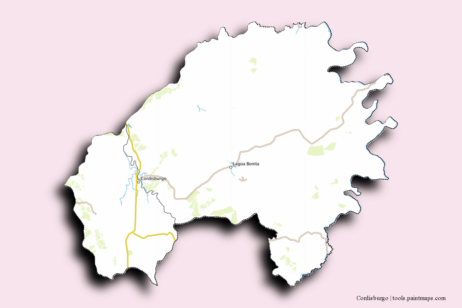 Mapa de barrios y pueblos de Cordisburgo con efecto de sombra 3D