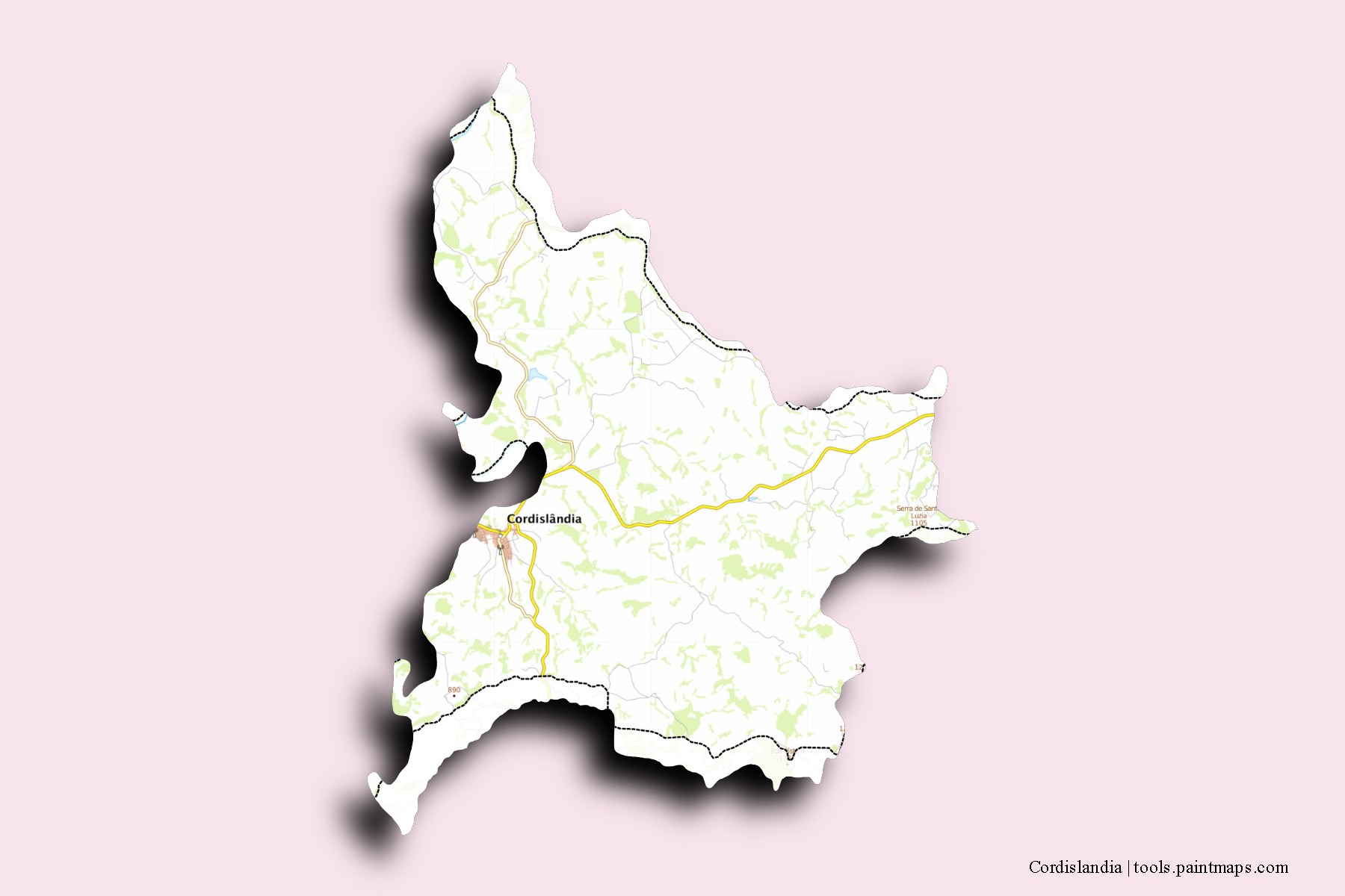 Mapa de barrios y pueblos de Cordislandia con efecto de sombra 3D