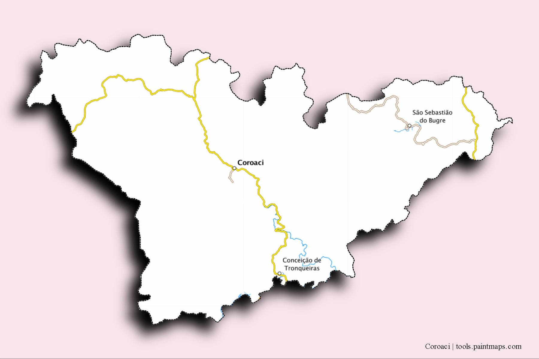 Mapa de barrios y pueblos de Coroaci con efecto de sombra 3D