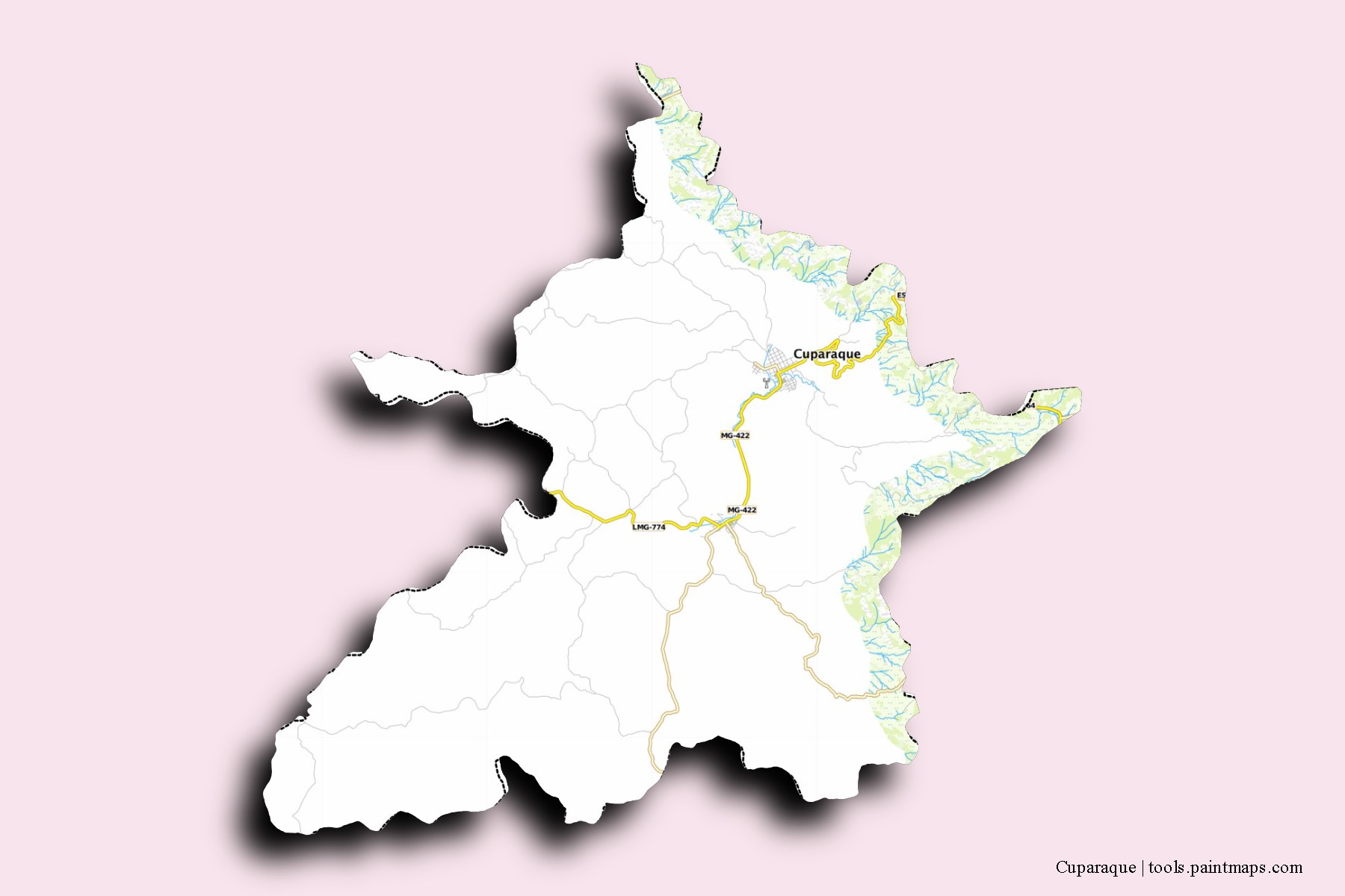 Mapa de barrios y pueblos de Cuparaque con efecto de sombra 3D