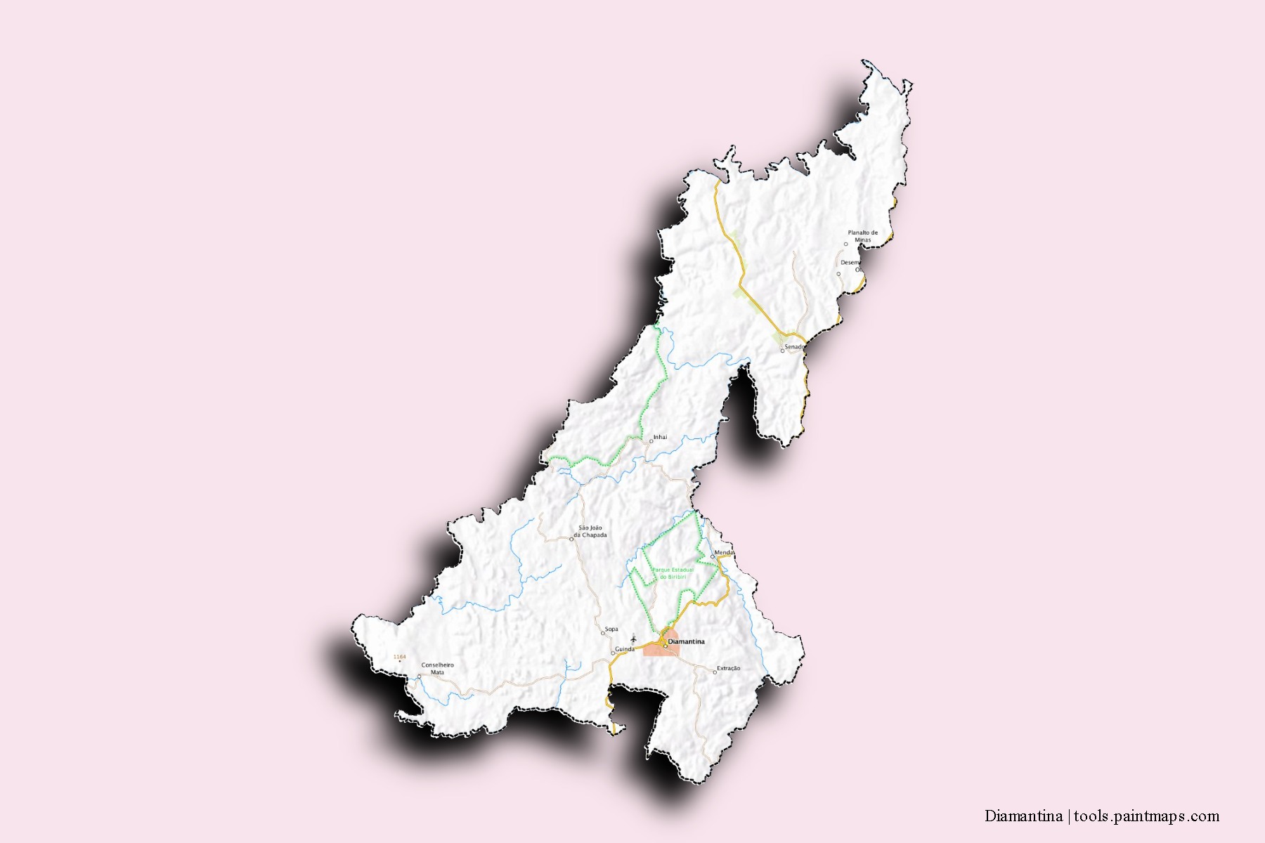 Diamantina neighborhoods and villages map with 3D shadow effect