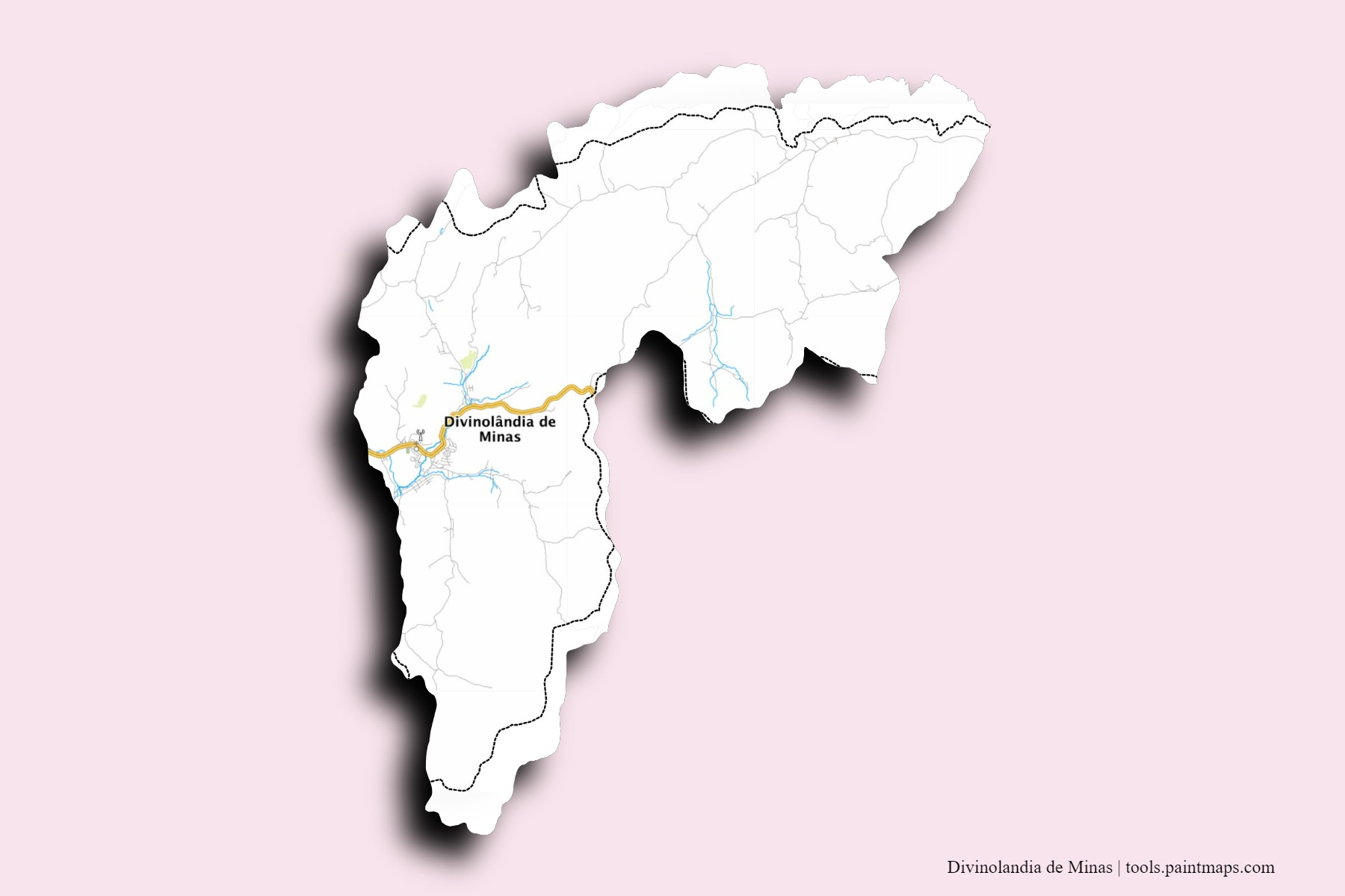 Mapa de barrios y pueblos de Divinolandia de Minas con efecto de sombra 3D