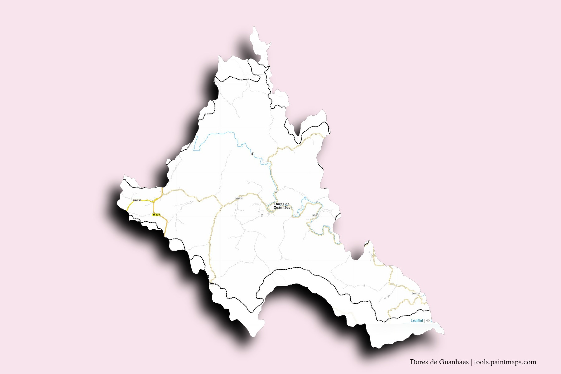 Mapa de barrios y pueblos de Dores de Guanhaes con efecto de sombra 3D