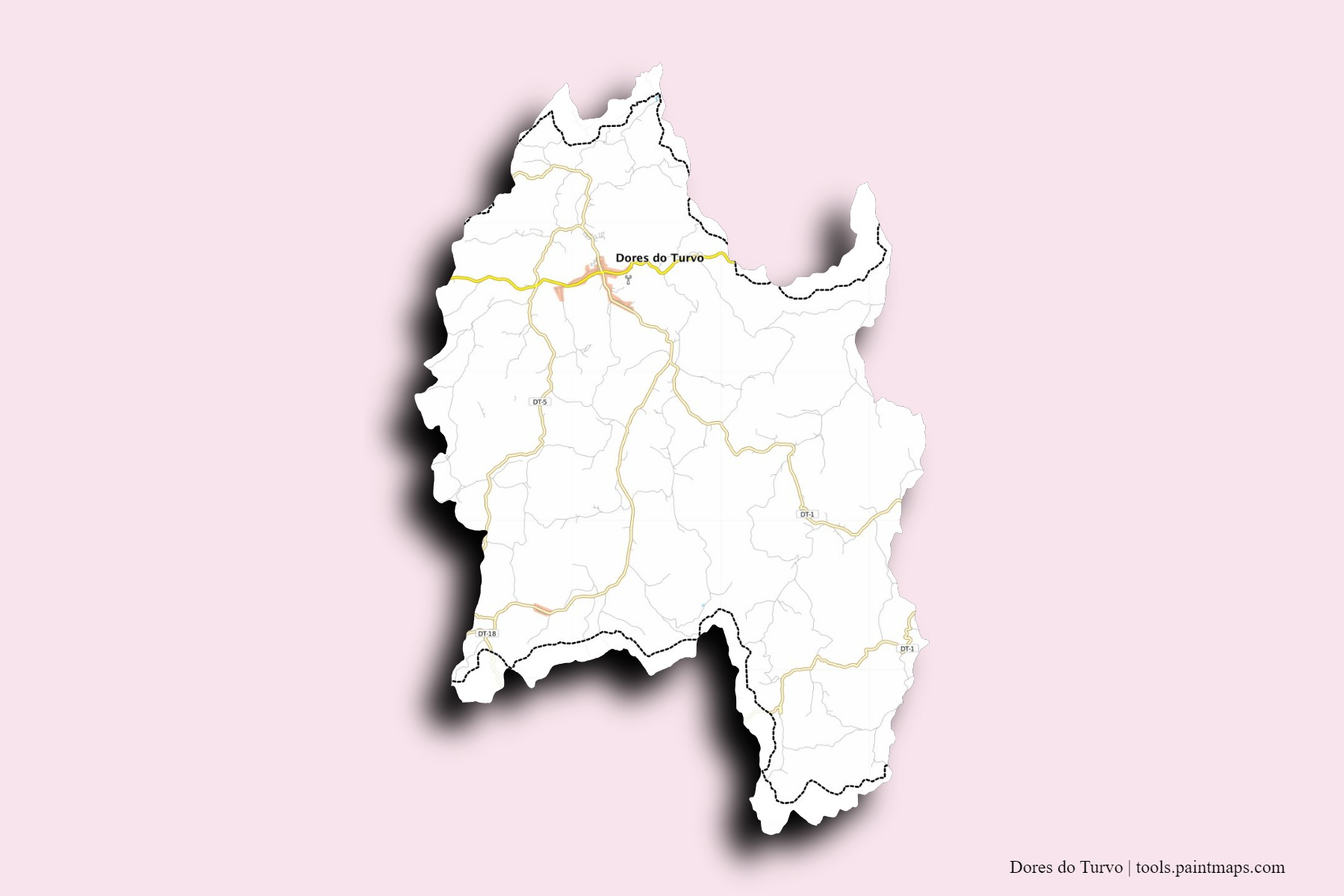 Mapa de barrios y pueblos de Dores do Turvo con efecto de sombra 3D