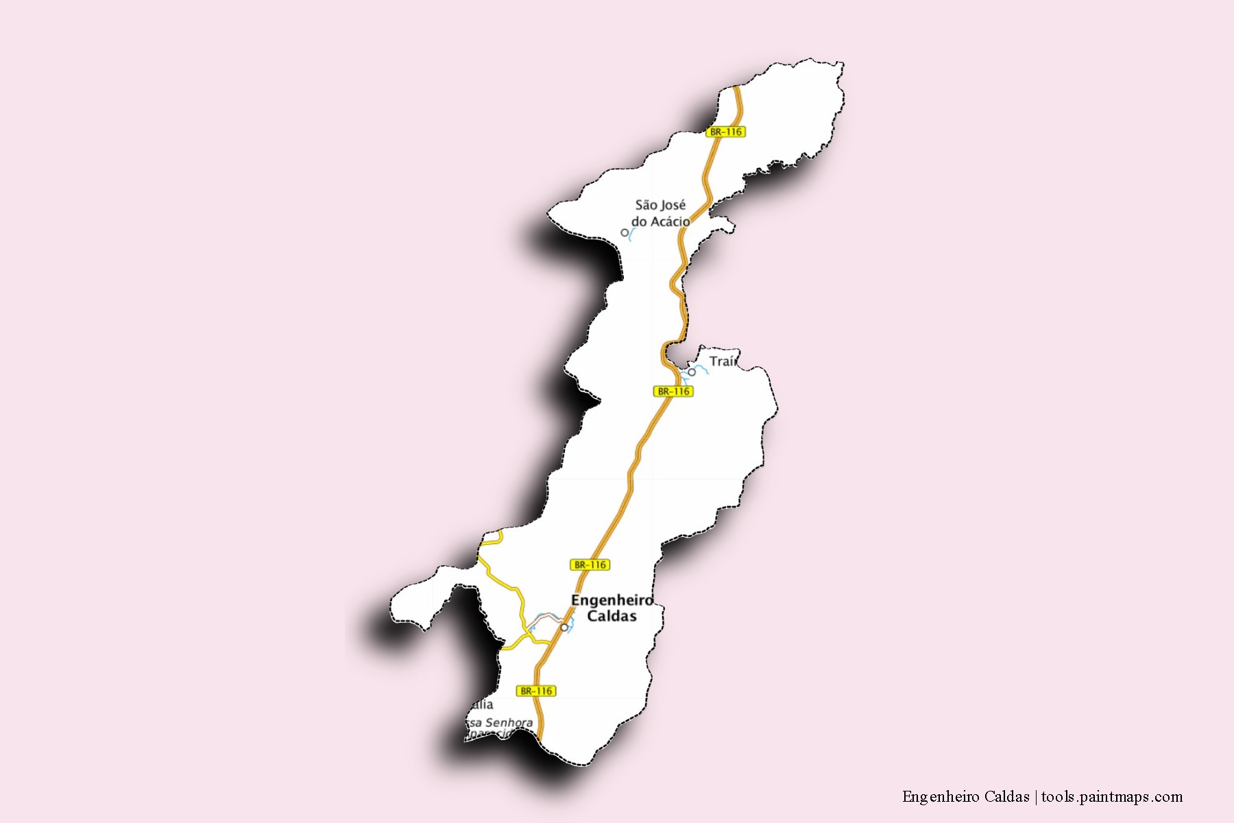 3D gölge efektli Engenheiro Caldas mahalleleri ve köyleri haritası