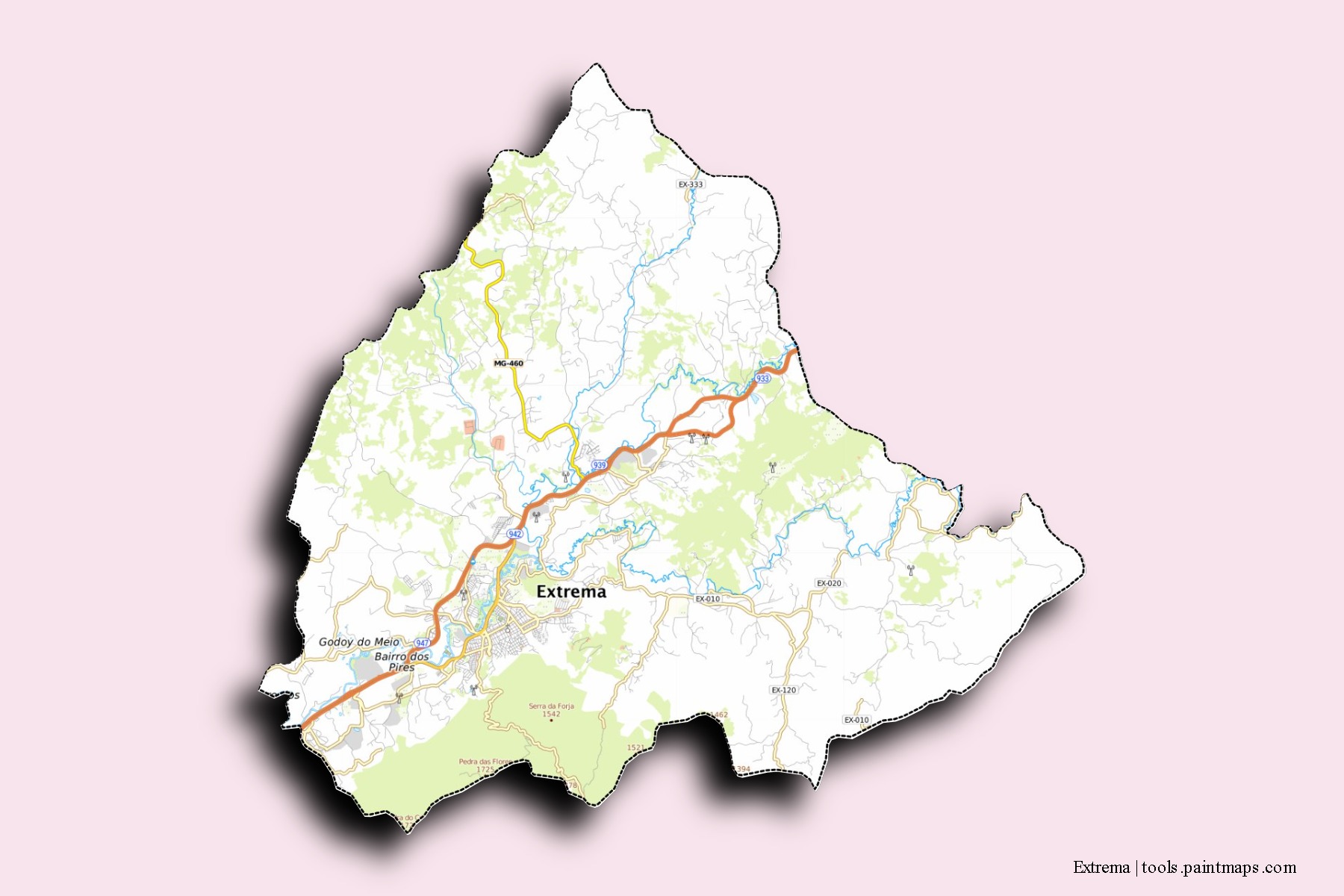 Mapa de barrios y pueblos de Extrema con efecto de sombra 3D