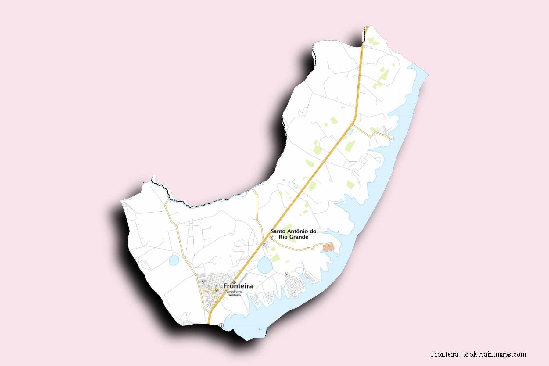 Fronteira neighborhoods and villages map with 3D shadow effect