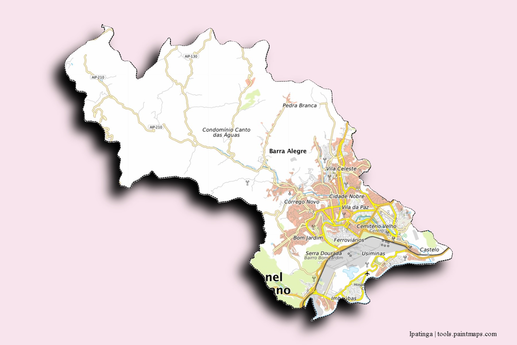 Mapa de barrios y pueblos de Ipatinga con efecto de sombra 3D