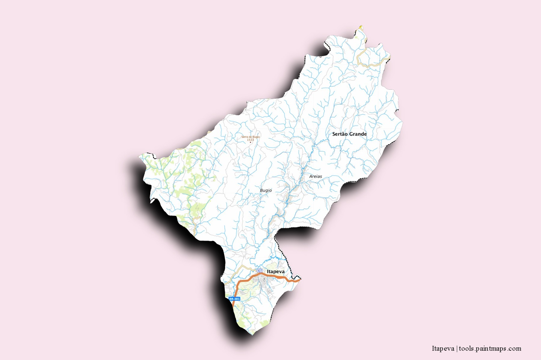 Mapa de barrios y pueblos de Itapeva con efecto de sombra 3D