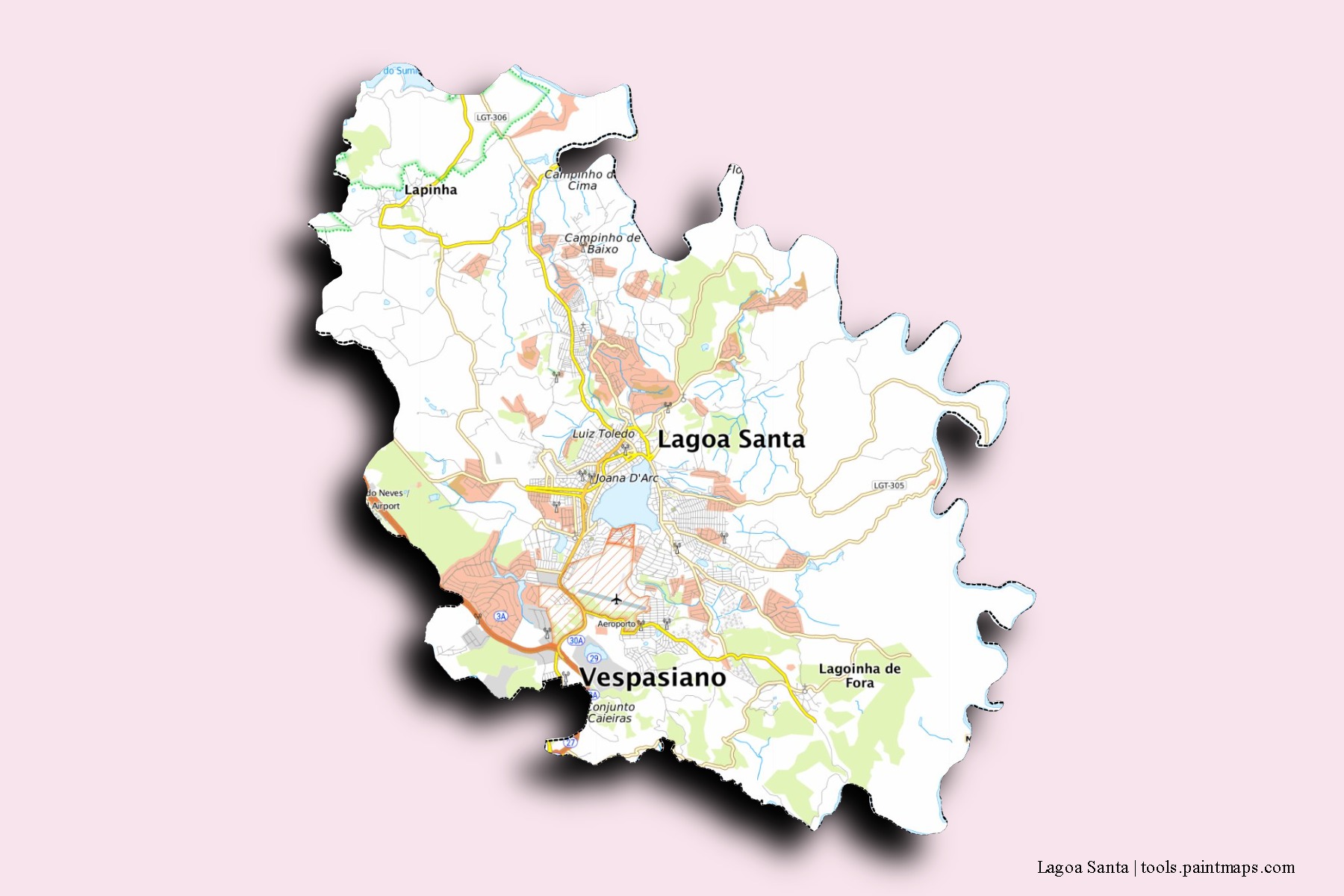 Lagoa Santa neighborhoods and villages map with 3D shadow effect