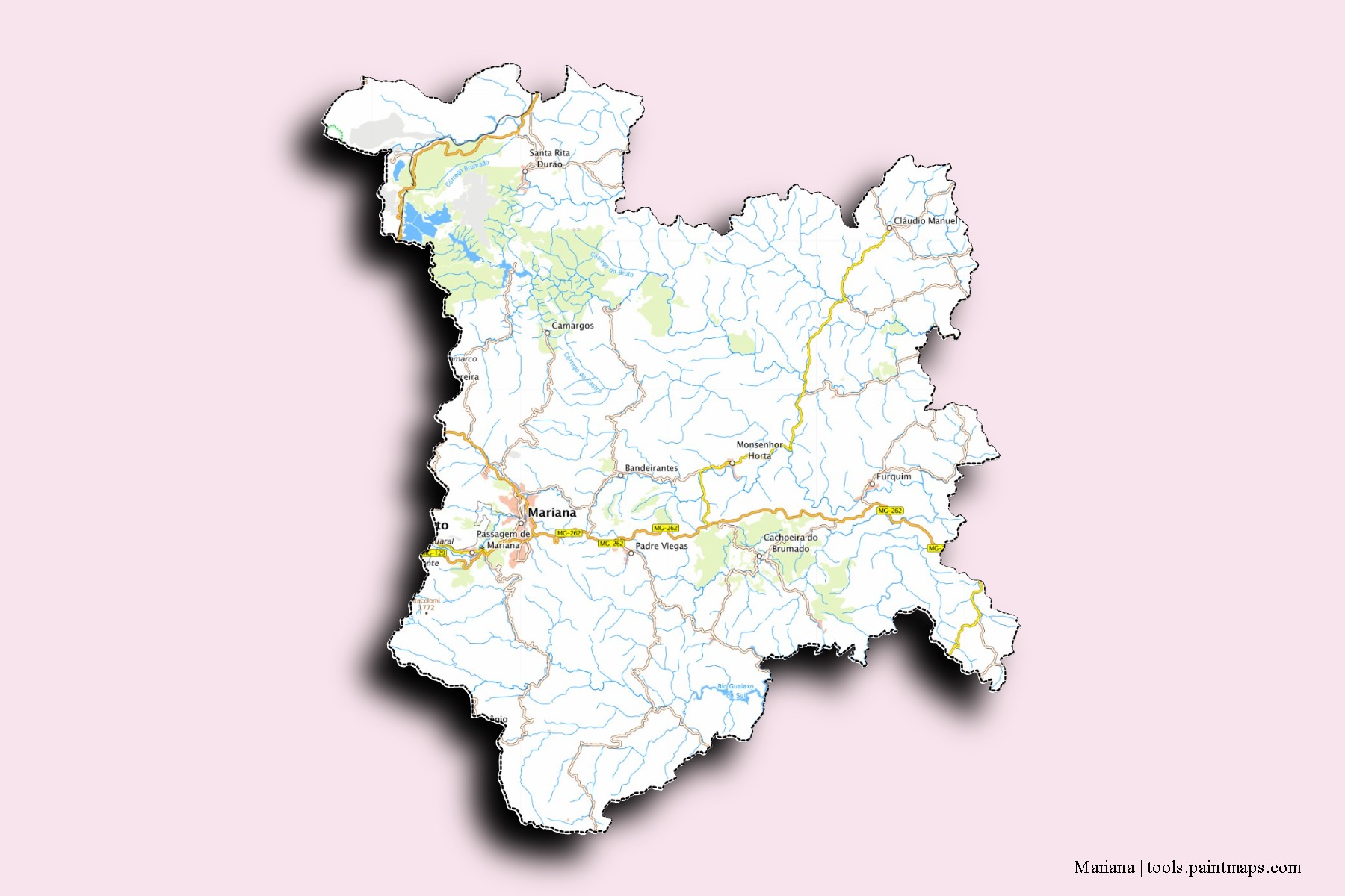 Mapa de barrios y pueblos de Mariana con efecto de sombra 3D