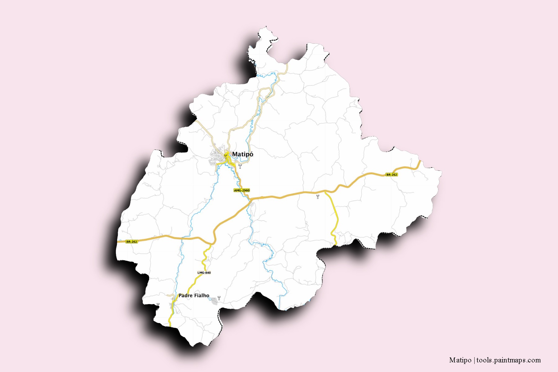 Mapa de barrios y pueblos de Matipo con efecto de sombra 3D