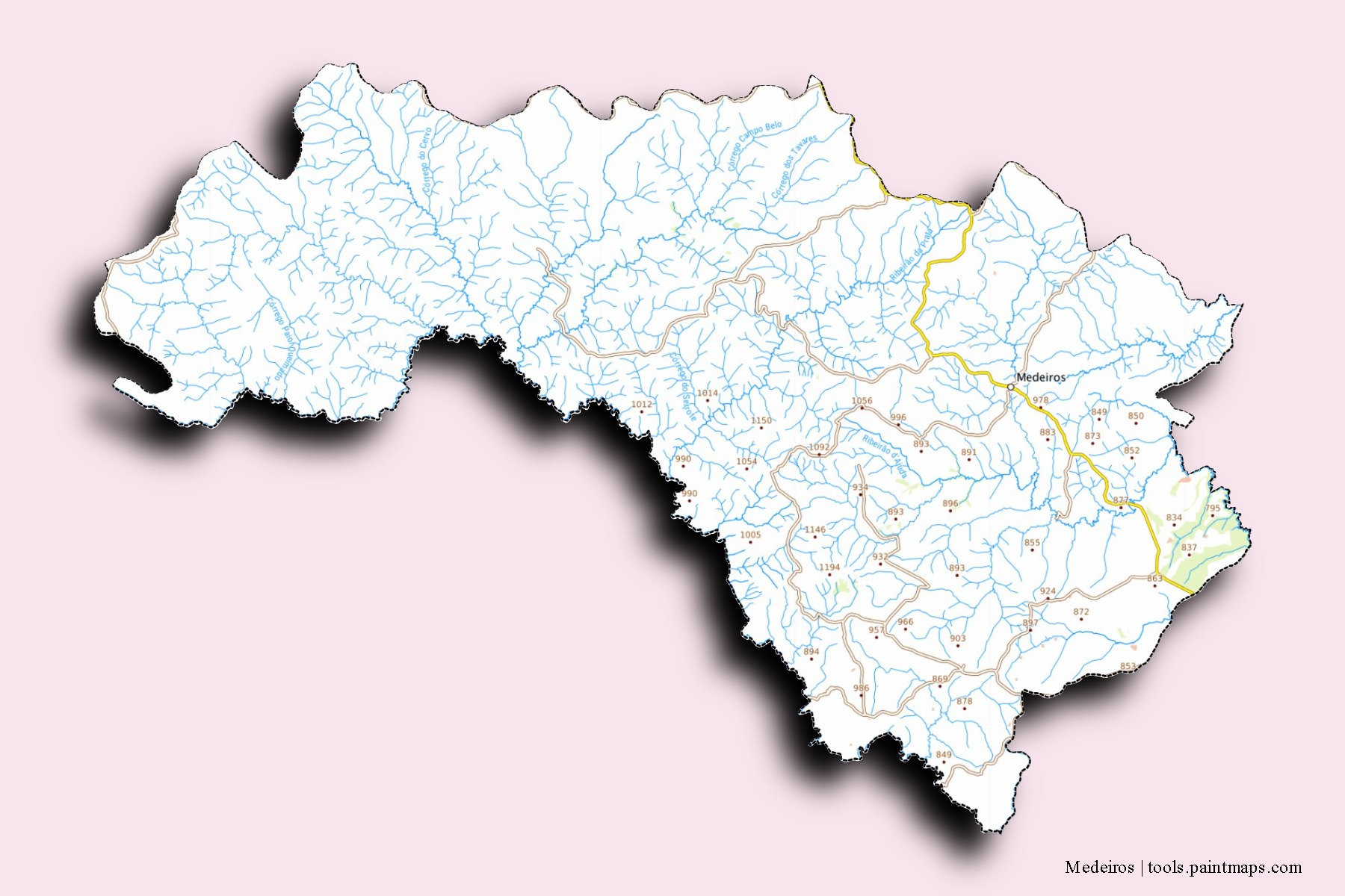 Mapa de barrios y pueblos de Medeiros con efecto de sombra 3D